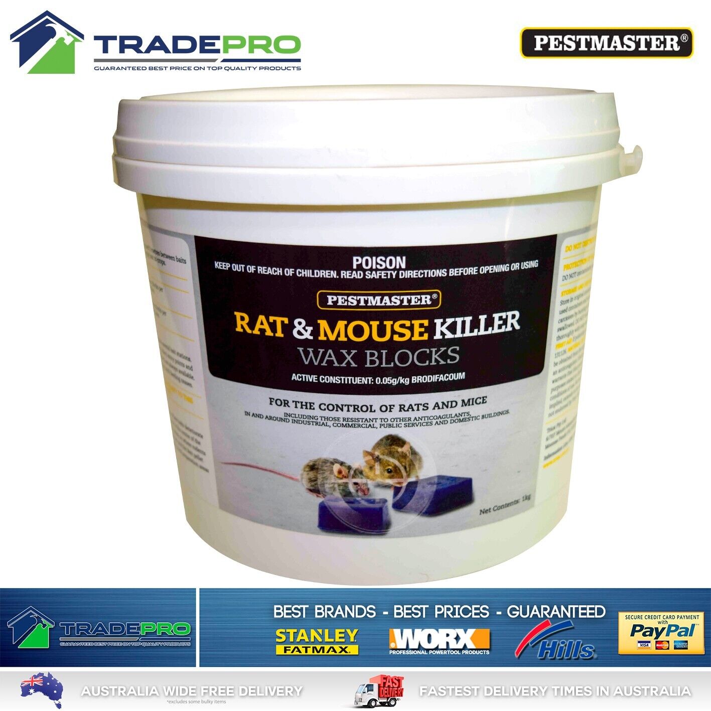 Pestmaster All Weather Wax Blox 1kg Rat Bait Mouse Blocks Poison Rodent Killer