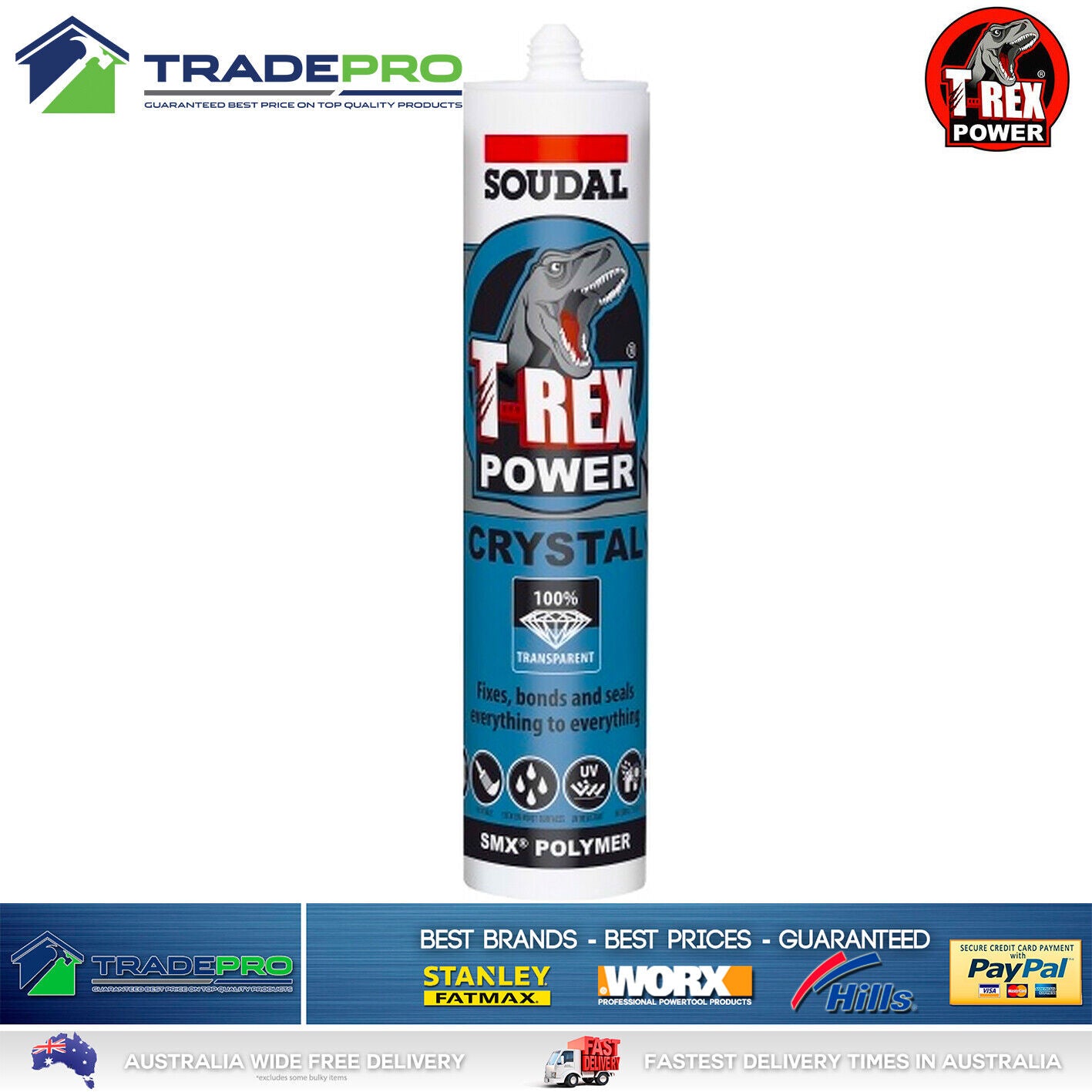 6x Soudal T-Rex Power Crystal CLEAR SMX Polymer Sealant Adhesive Glue 290ml