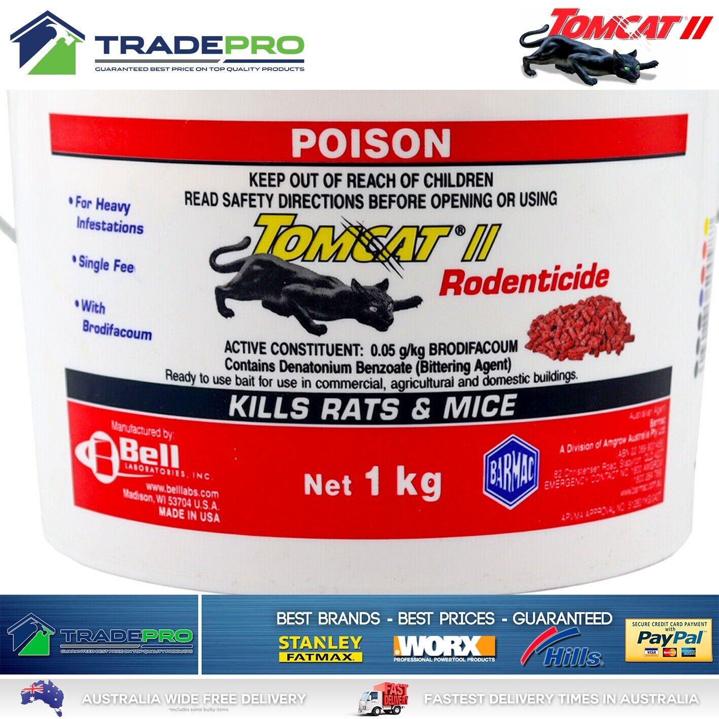 Tomcat II Ultra Fast Pellets 1kg Red Rat Bait Mouse Trap Poison Rodent Killer