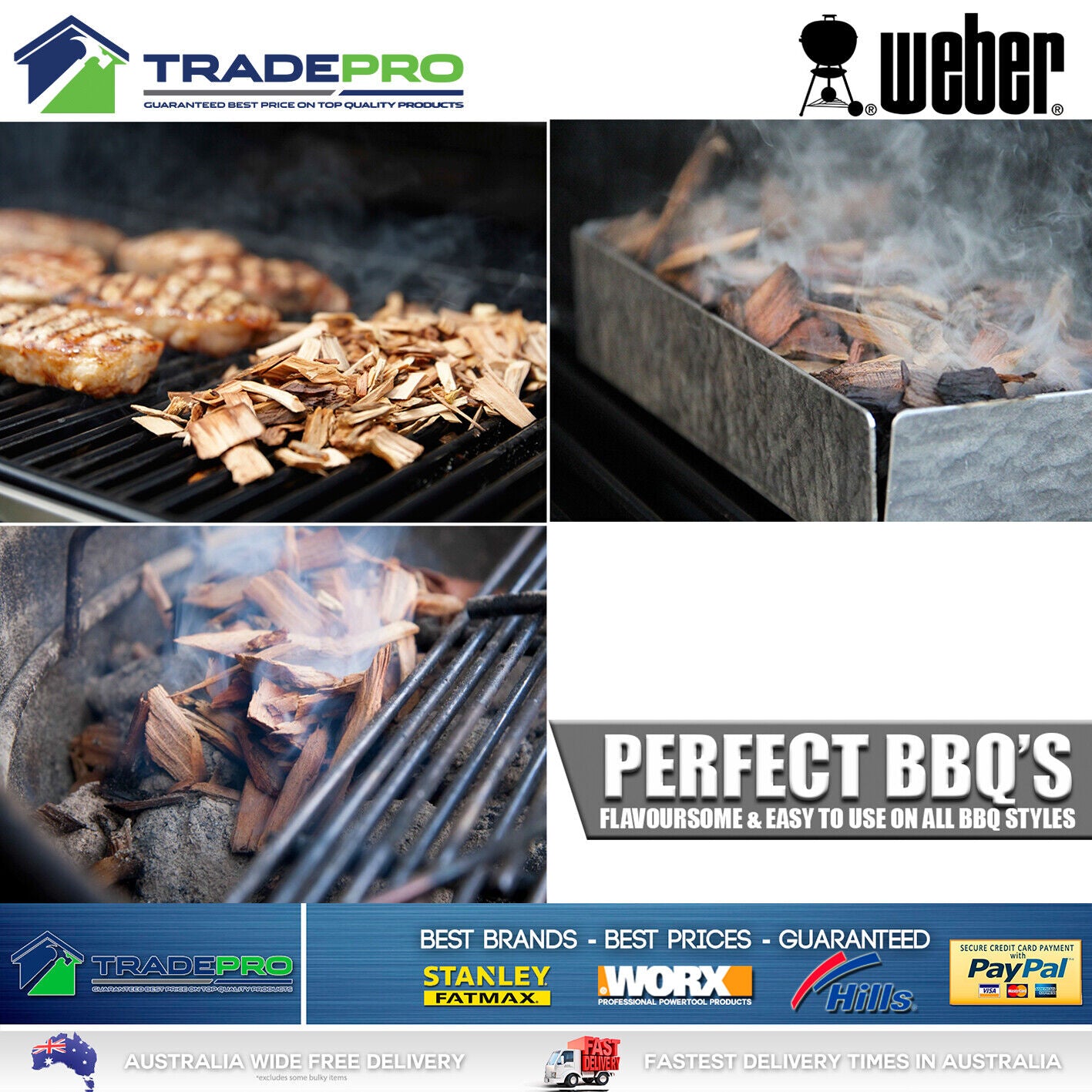 Weber PRO Hickory Smoking Wood Chips 900g Smoke Fire BBQ Baby Q 1000 2000 Smoker