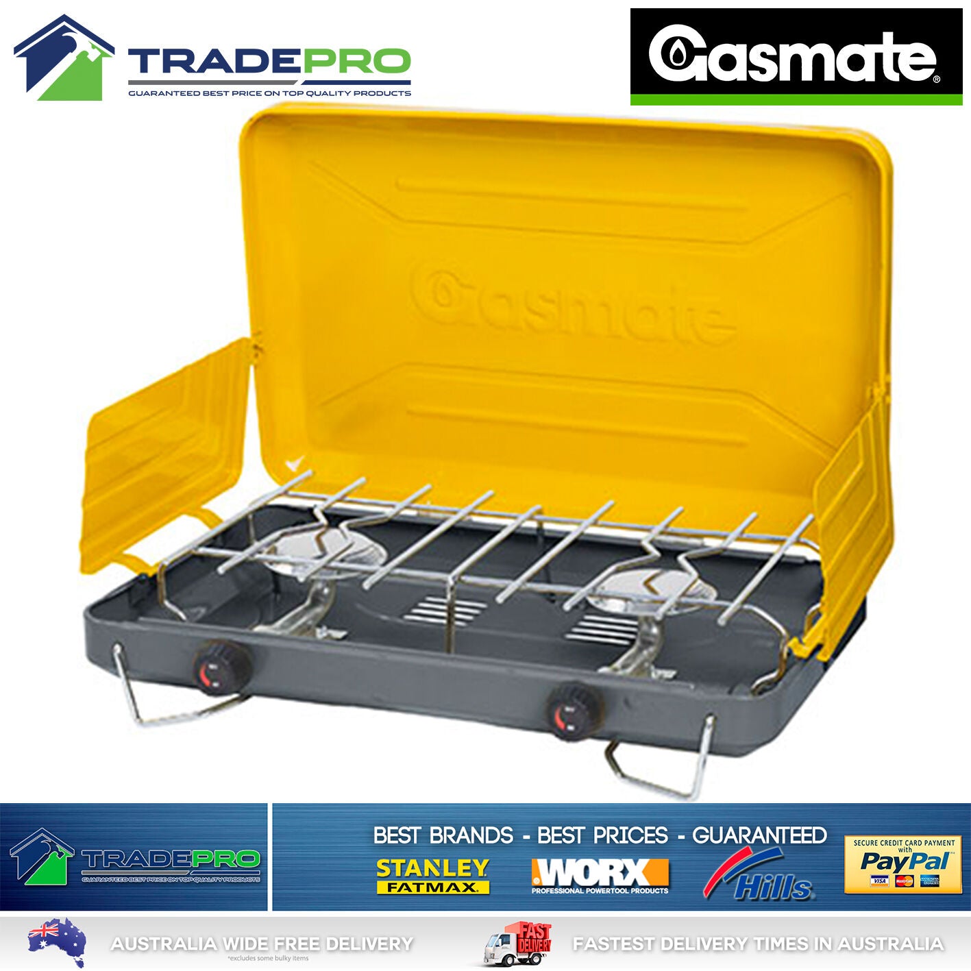 Gas Stove Gasmate® Turbo 2 Burner Camping Portable Cooker BBQ & Gas Hose CS1095