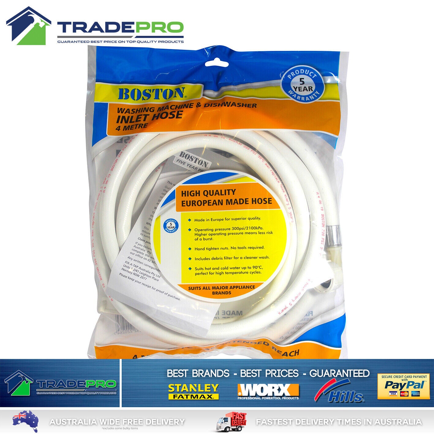 Boston® Universal 4m Washing Machine & Dishwasher Inlet Hose Hot and Cold Water