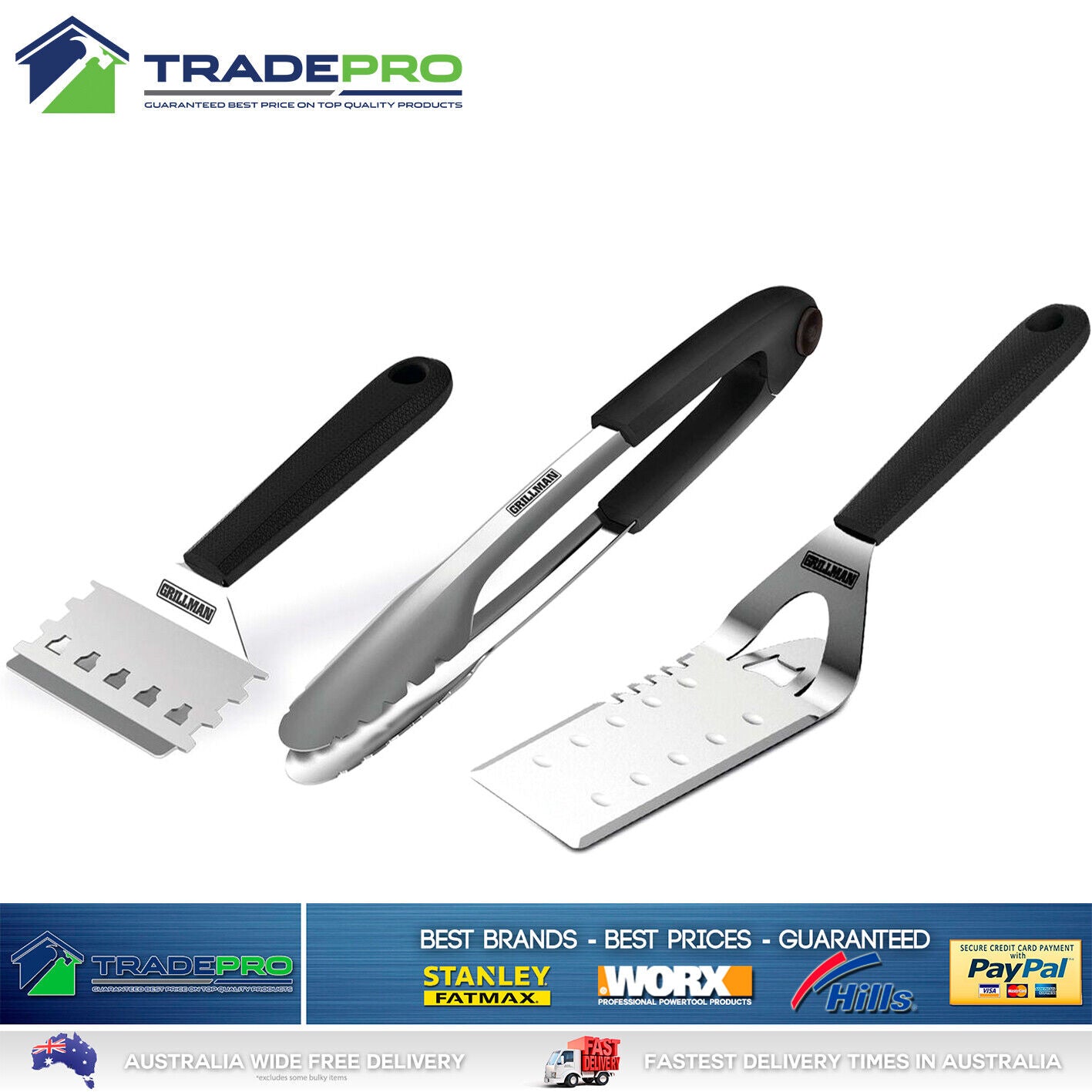Genuine Grillman® Heavy Duty Stainless Steel 3pc BBQ Tool Set Kit Barbecue