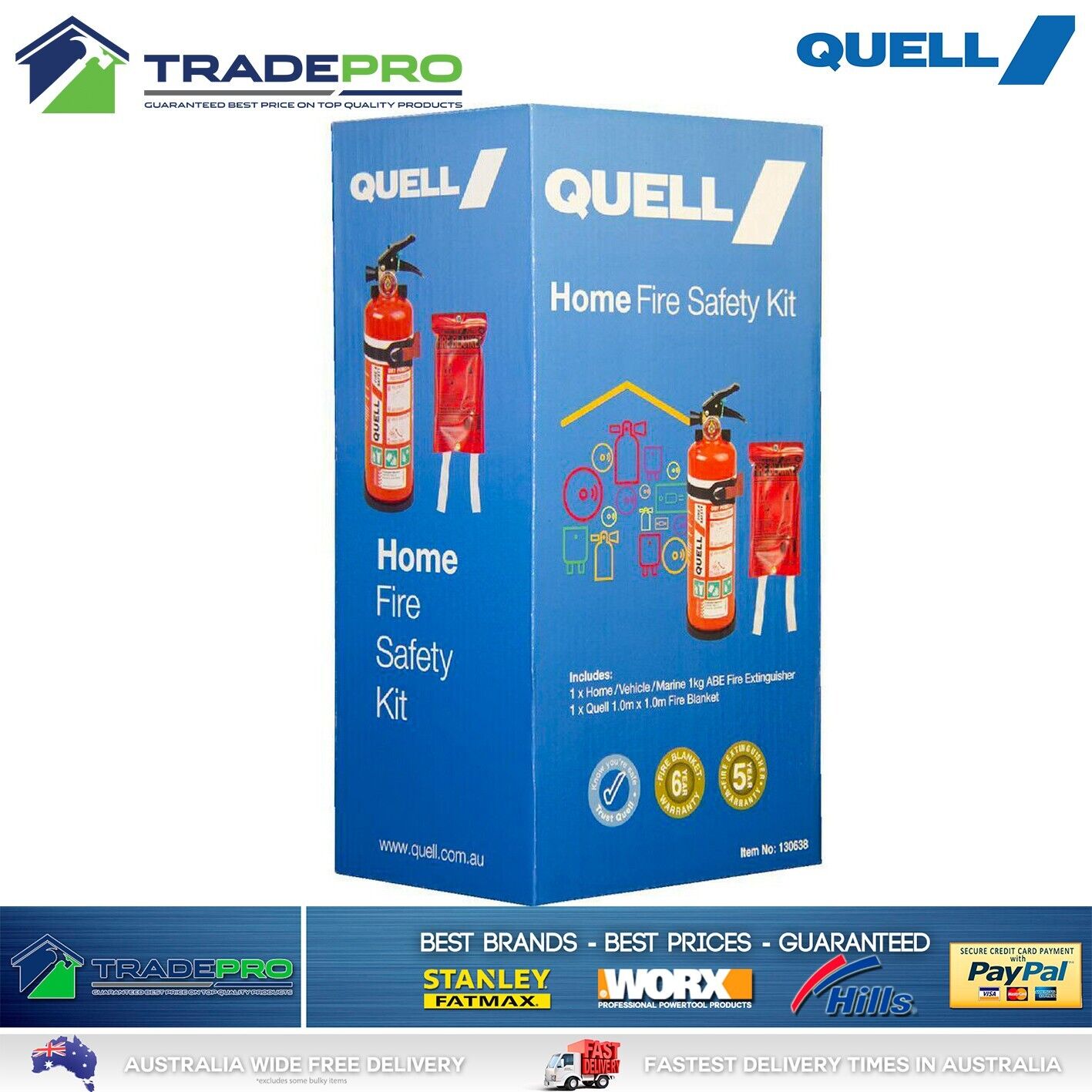 Fire Extinguisher 1kg Kit Quell Set Fire Blanket & Bracket Home Kitchen Safety