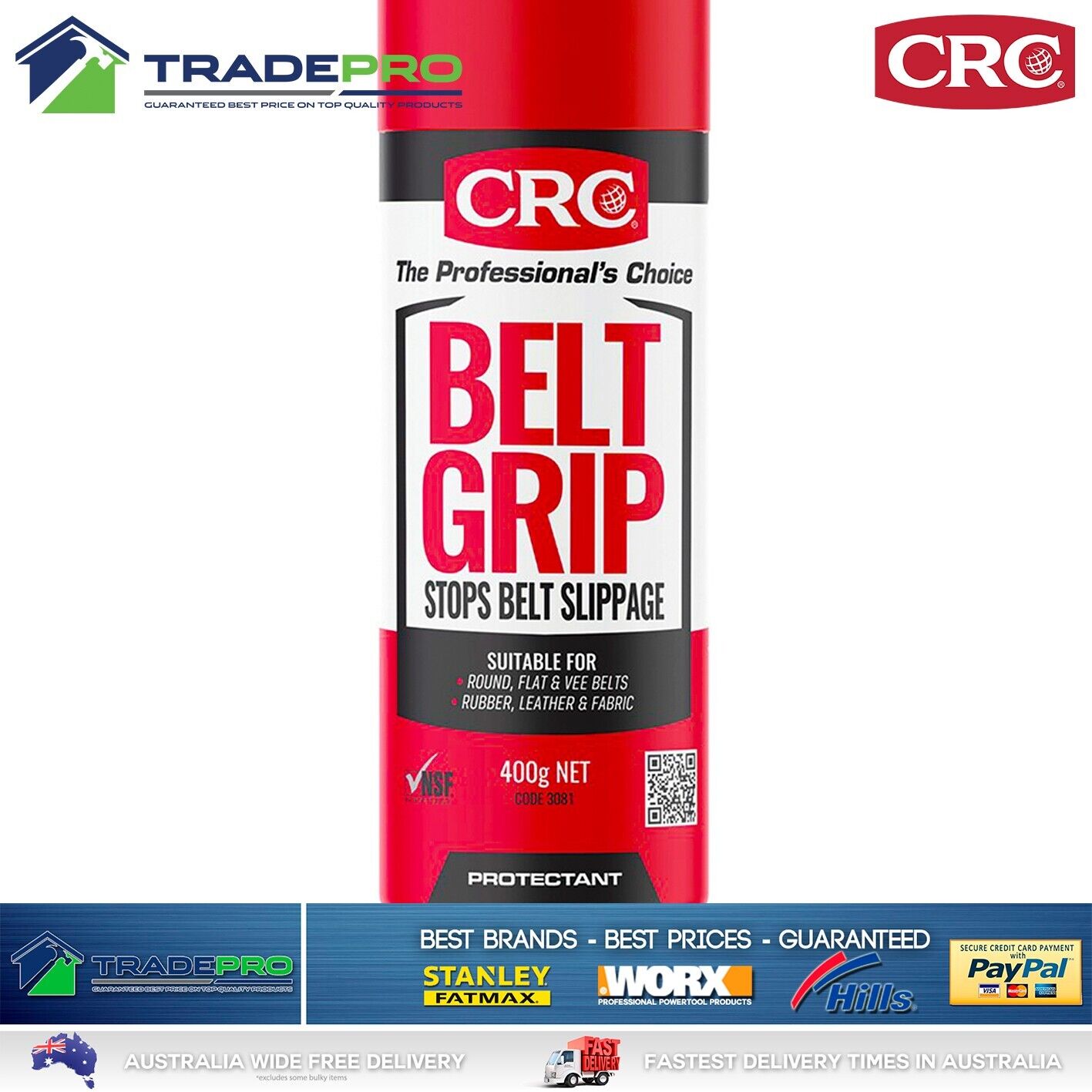 Belt Grip Spray CRC Aerosol 400g Stops Car Belt Slippage Suits All Auto Belts