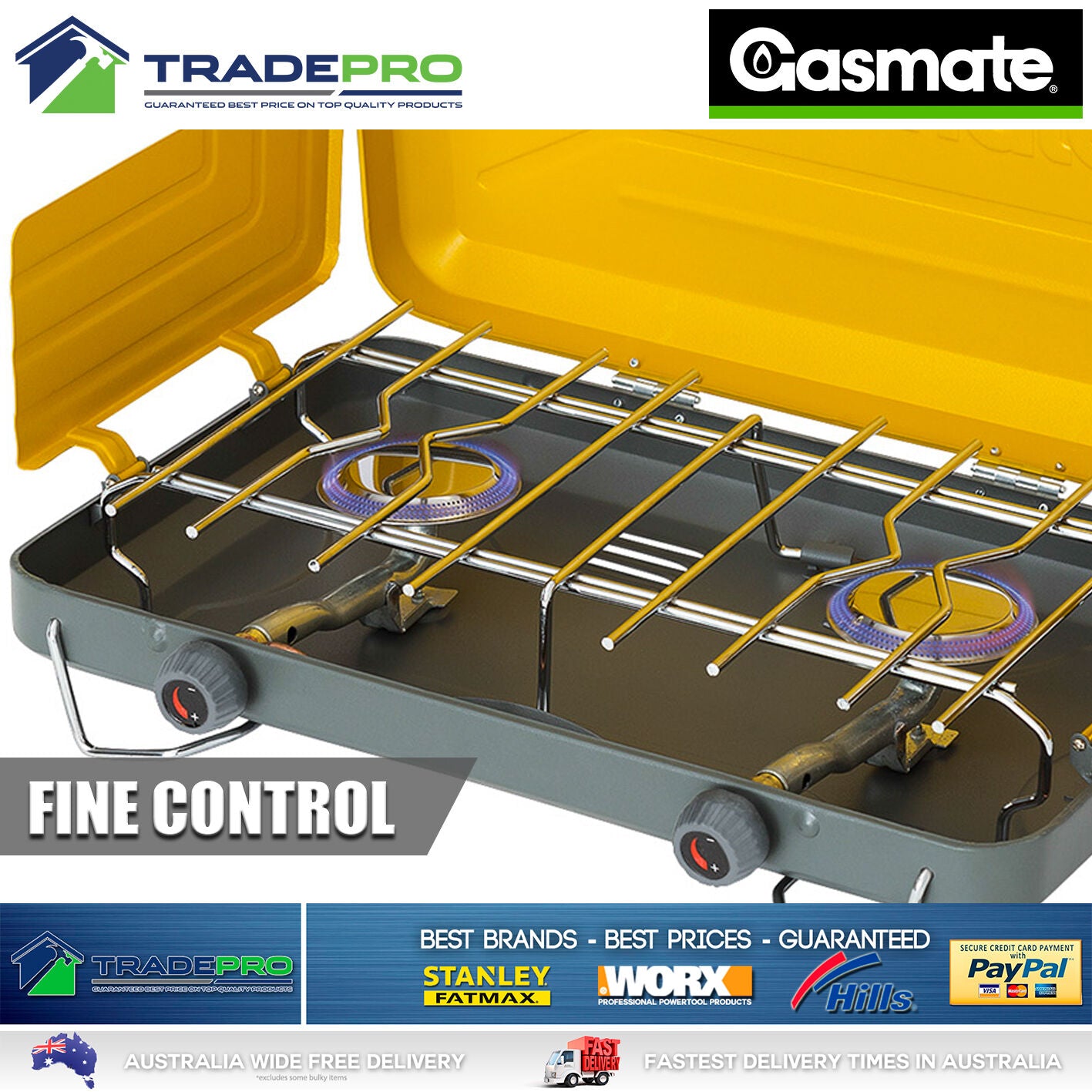 Gas Stove Gasmate® Turbo 2 Burner Camping Portable Cooker BBQ & Gas Hose CS1095