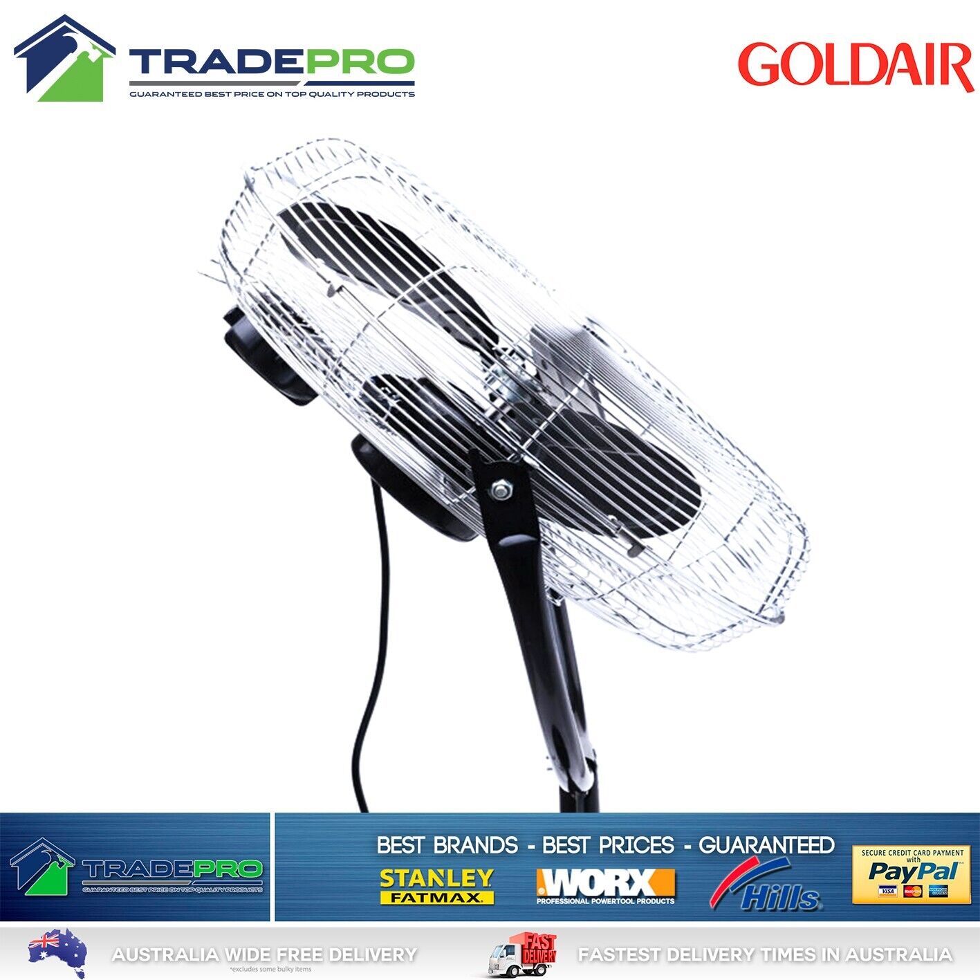 Pedestal Fan High Velocity 45cm Goldair Black Chrome 3 Speed & Tilt Oscillate