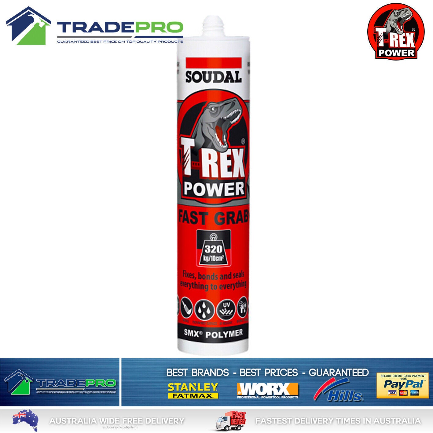 6x Soudal T-Rex Power GREY Fast Grab SMX Polymer Sealant Adhesive Glue 290ml