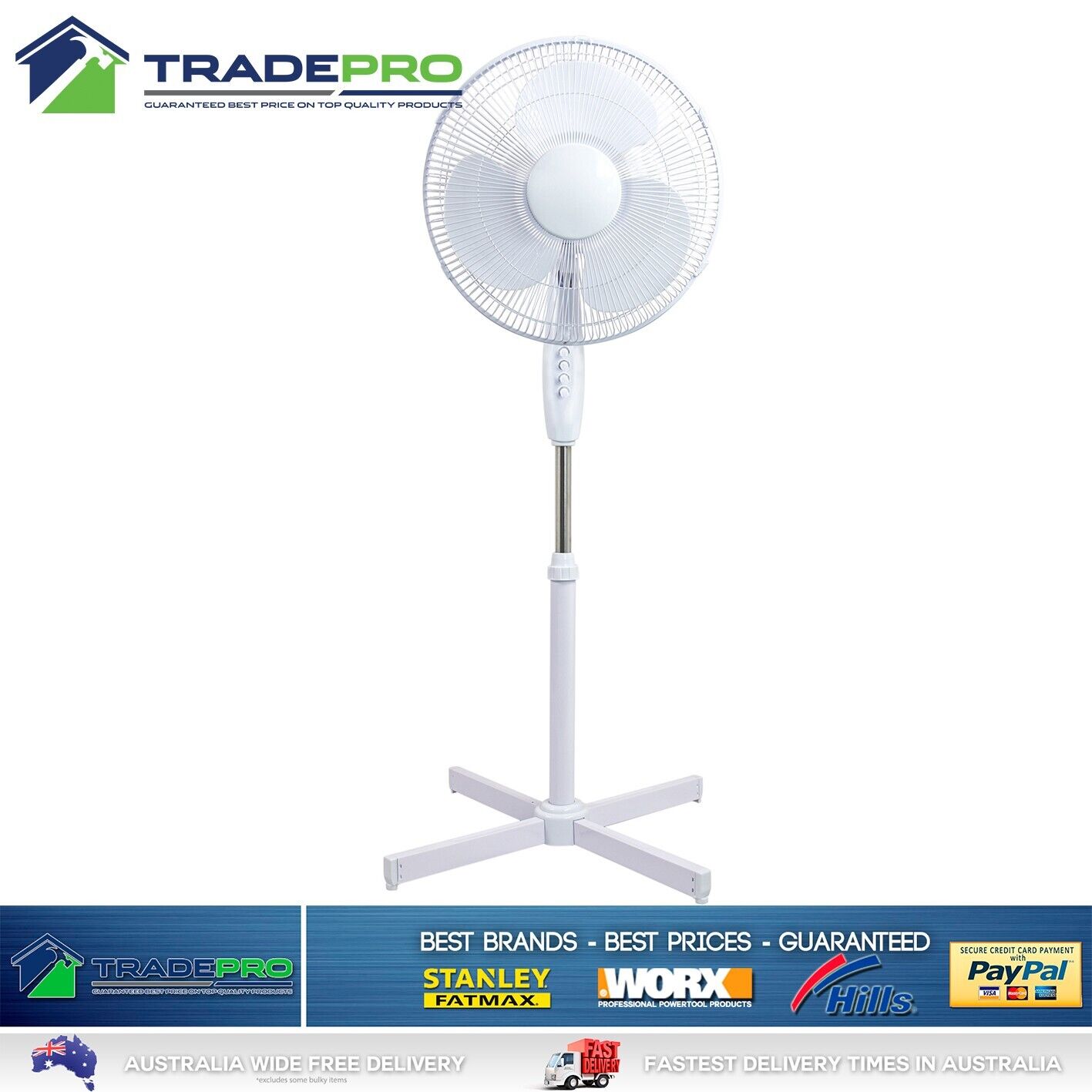 Pedestal Fan 40cm 16" White 3 Speed Adjust Height Oscillation & Tilt