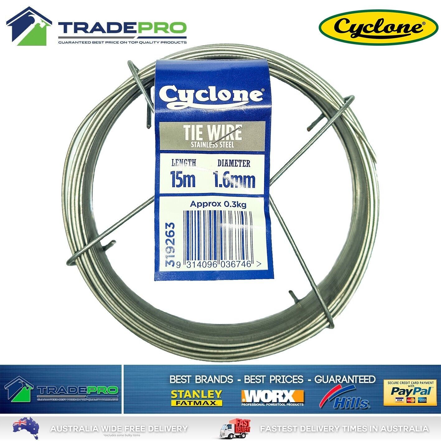 Tie Wire Stainless Steel Cyclone 1.6mm 15M 304 Fence Fencing Tying Spool Cable