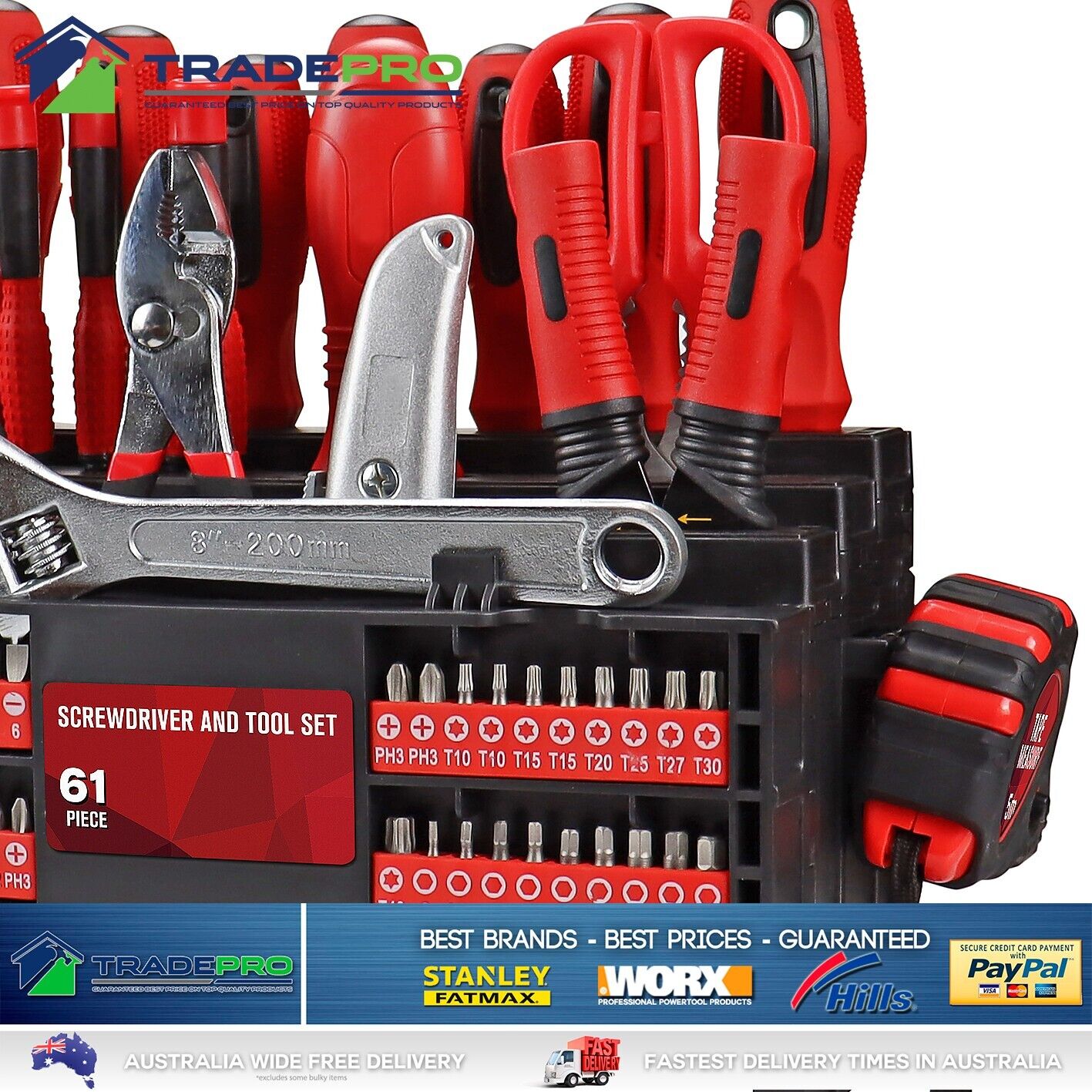 Tool Set 61pc Cr-V Screwdriver Plier Tape Measure Wrench Knife Kit Workbench PRO