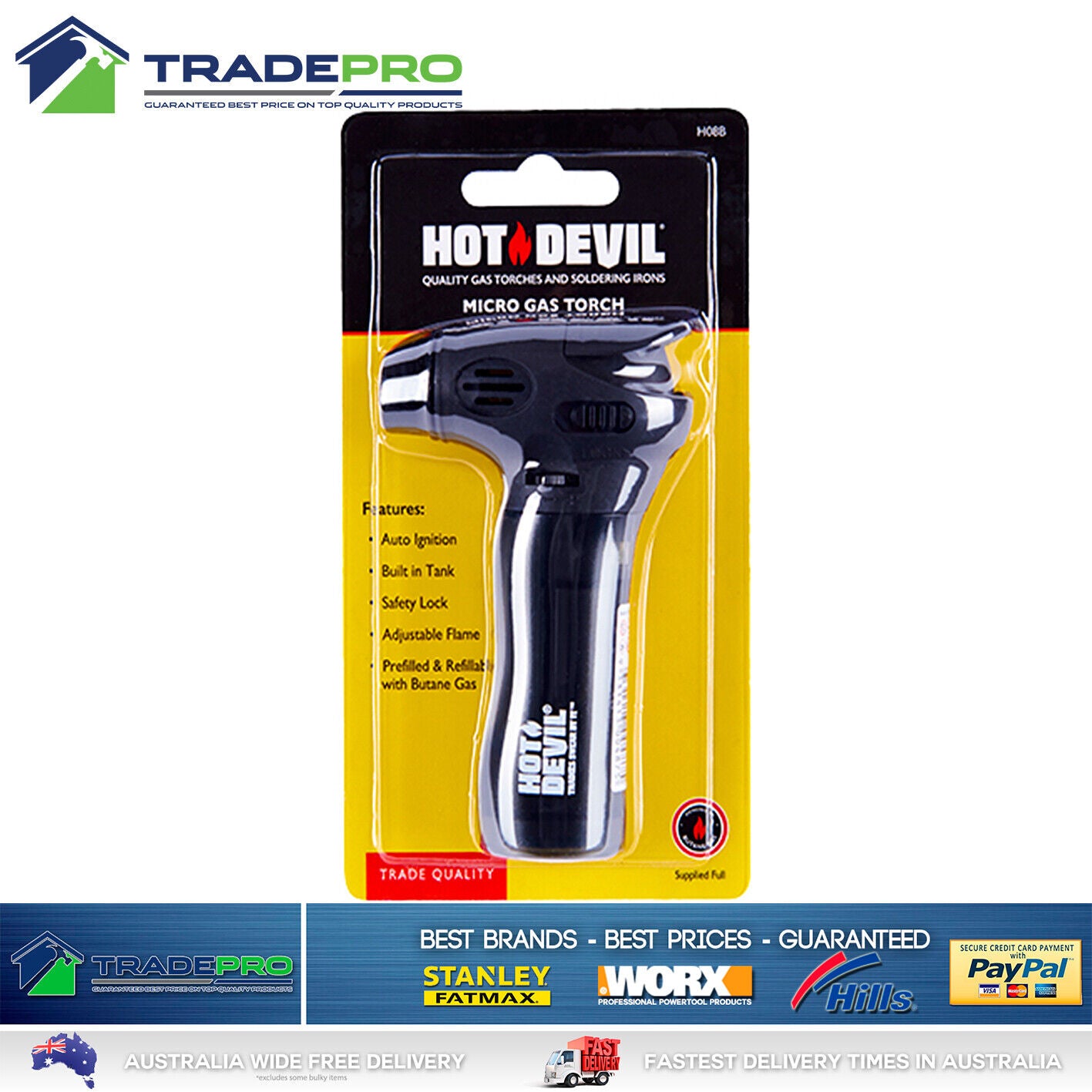 Hot Devil® Blow Torch Kit Gas Burner Refillable Butane Auto Lighter Chef & Cooks