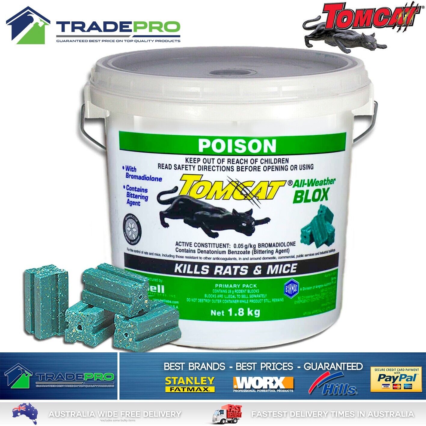 Tomcat Ultra All Weather Blox 1.8kg PRO Rat Bait Mouse Trap Poison Rodent Killer