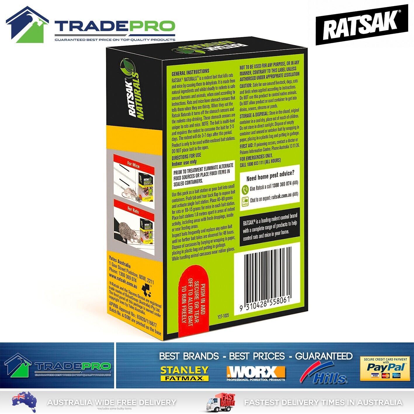Ratsak Naturals 224g Rat Mouse Killer Mice Rodent Bait Pellets Pet Safe Poison