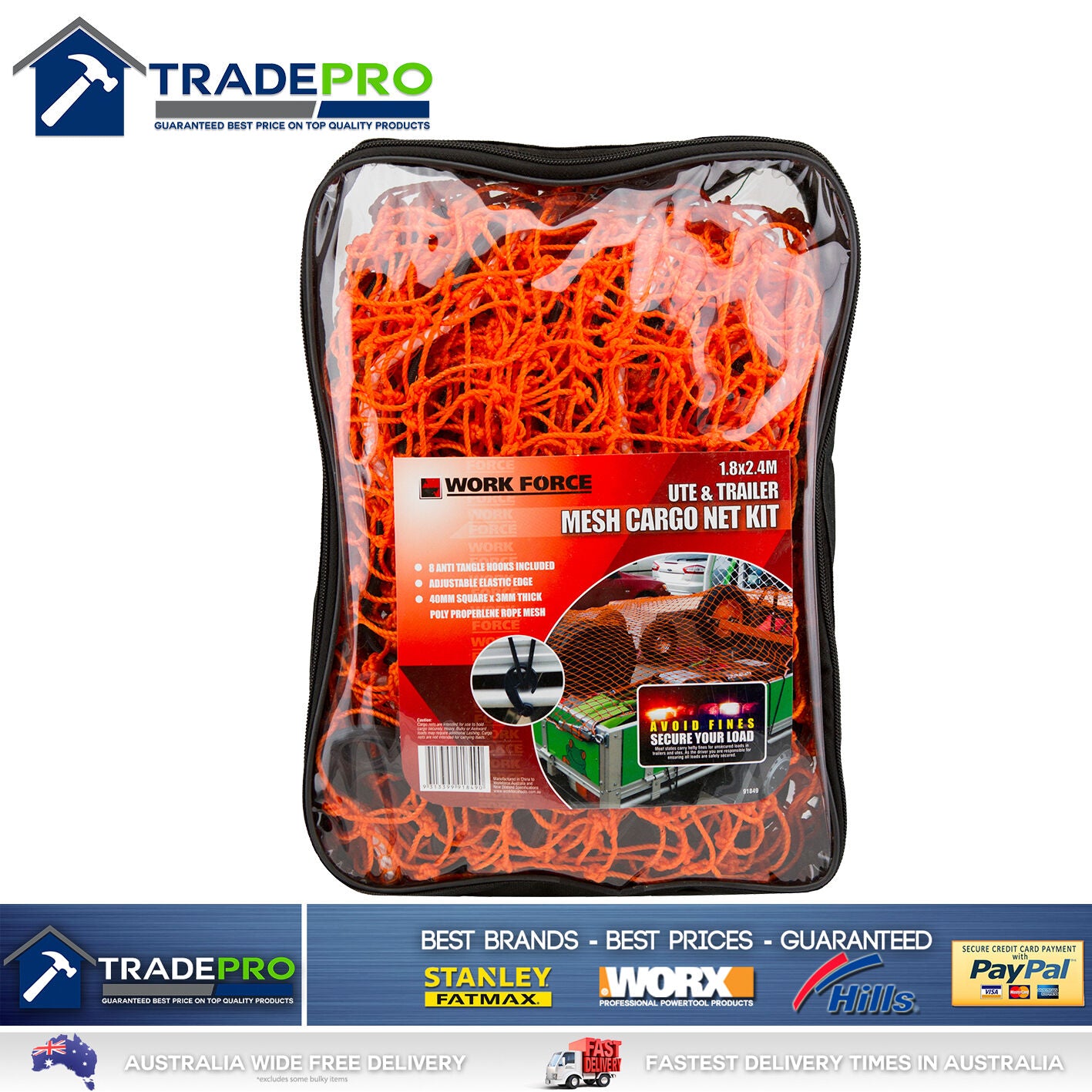 Cargo Net Ute Trailer Heavy Duty 1.8x2.4m Aust Legal with Bungee Cord 40x40 Mesh