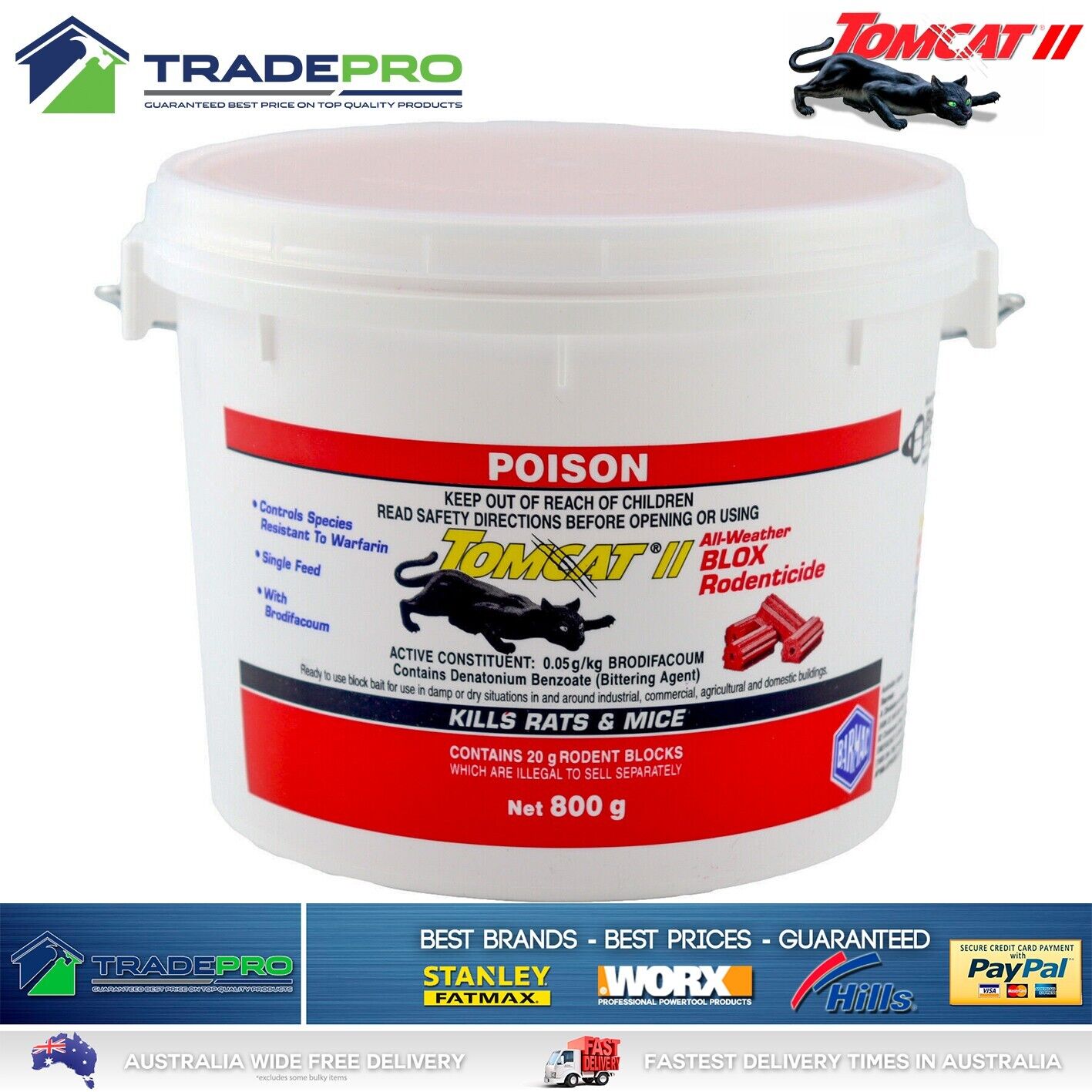 Tomcat II Ultra Fast Blox 800g Red Rat Bait Mouse Trap Poison Rodent Killer