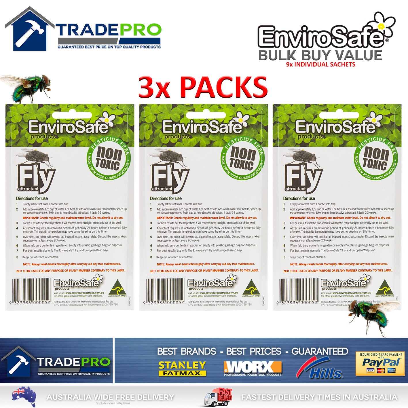 9x Envirosafe® Fly Attractant Refill Sachets for Fly & Wasp Trap Station 3x3PACK