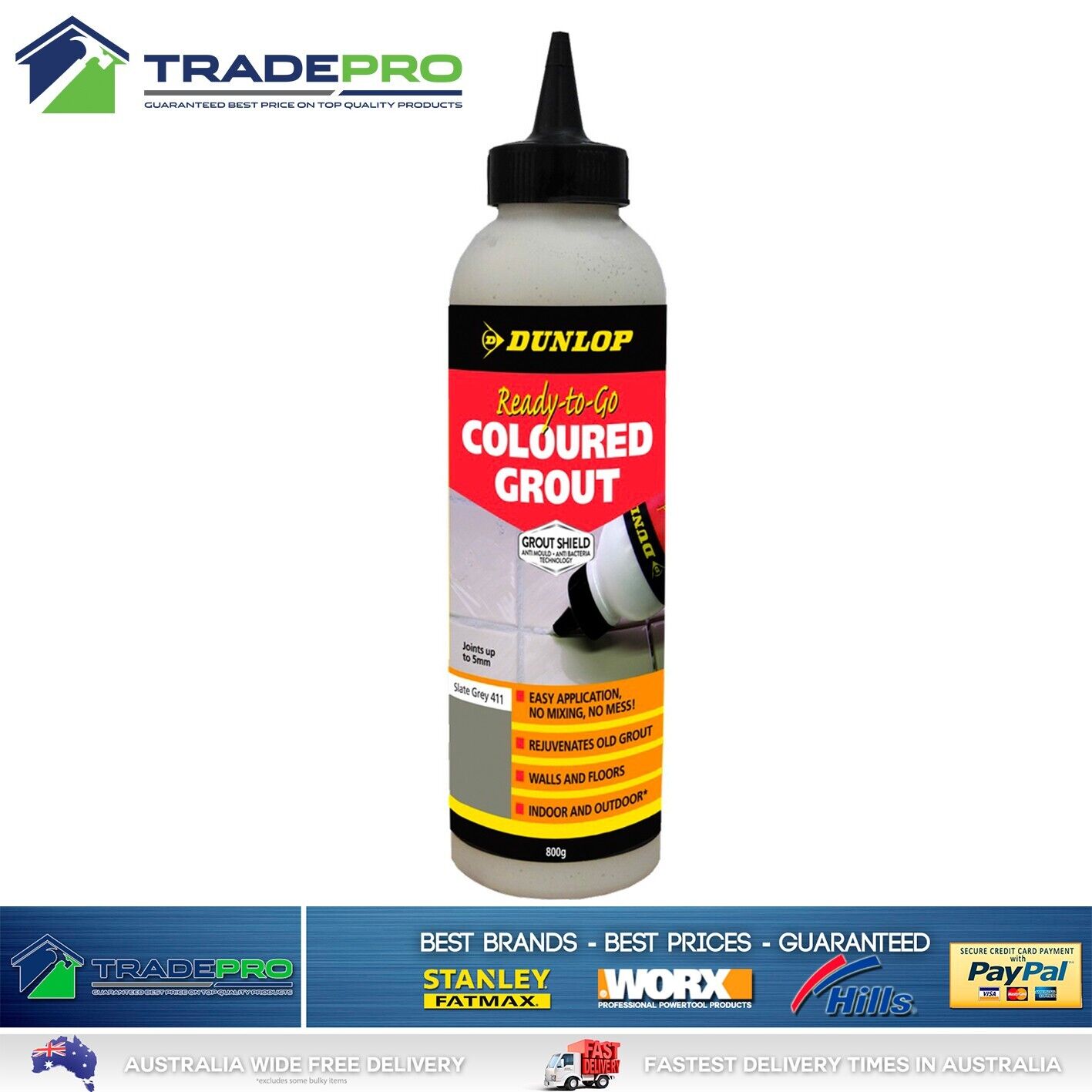 Tile Grout 800g Coloured Grey Premix Dunlop Wall Floor In & Outdoor Ready Powder