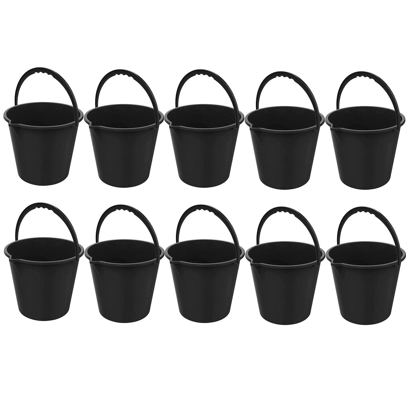 10x Plastic Bucket with Handle Black 10Ltr Buckets Pail Camping Cleaning Bulk