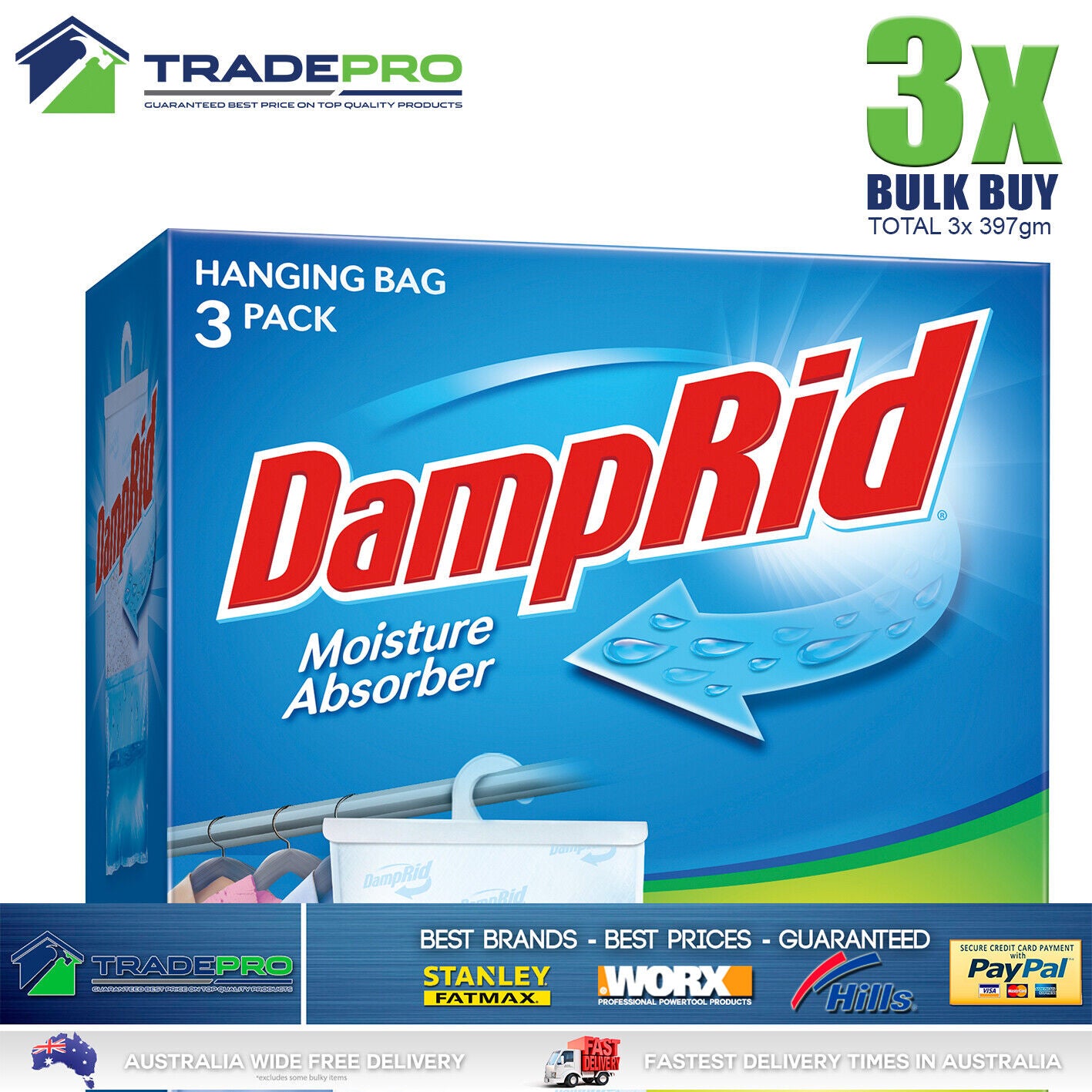3x DampRid Hanging Moisture Absorber 397g Damp Rid Packs Model Mould Odour Kill