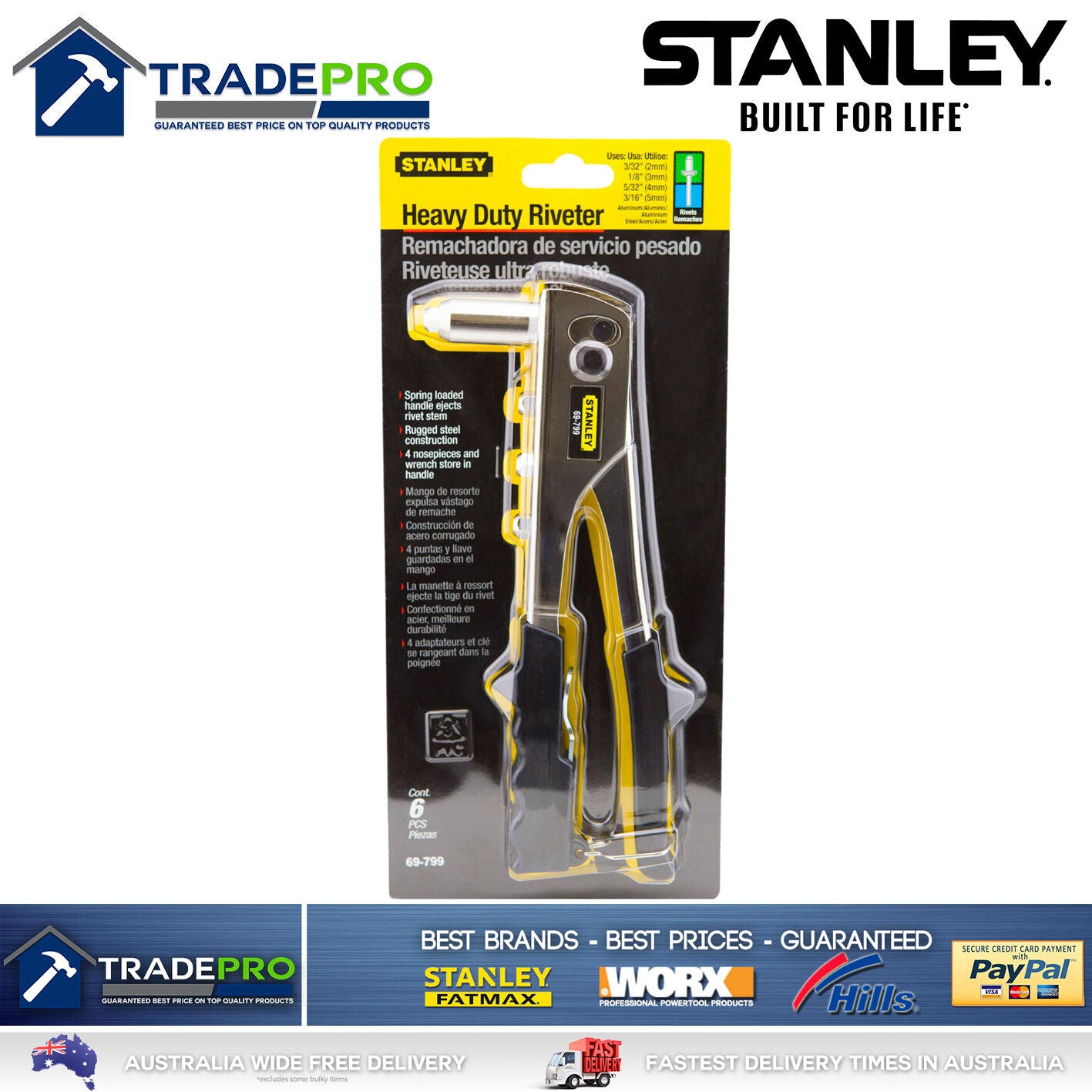 Rivet Gun Stanley Heavy Duty Genuine PRO 6PC Kit 1/8 3/32 5/32 3/16 Pop 2221430