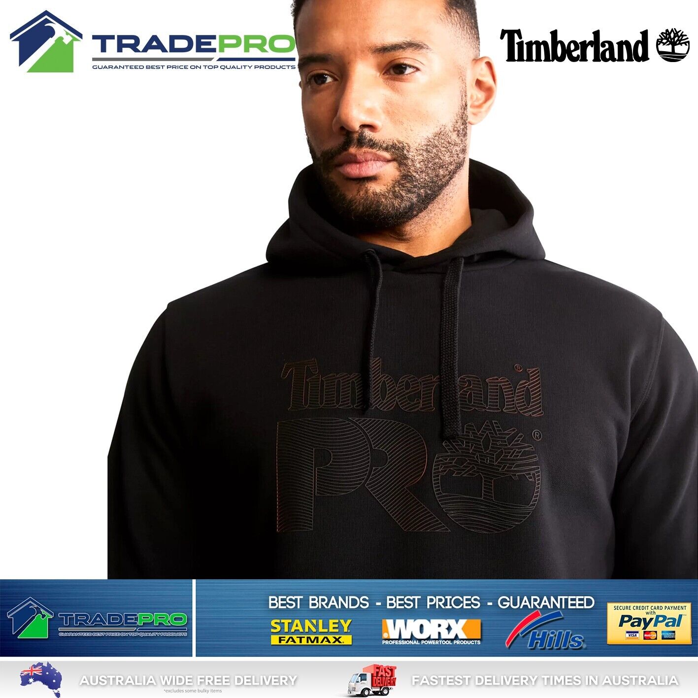 Timberland® Hoodie Jumper Tradies XL PRO Workwear Active Work Black Fleece PRO