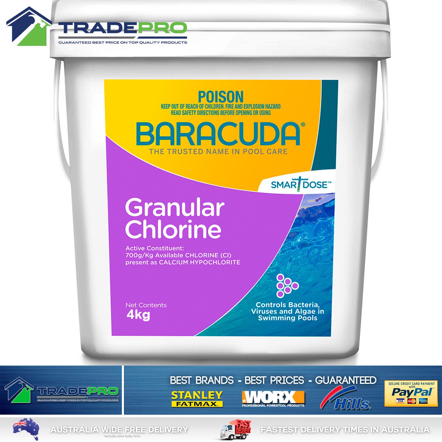 Pool Chlorine 4kg Baracuda PRO Strength Granule Controls Algae & Bacteria Fast
