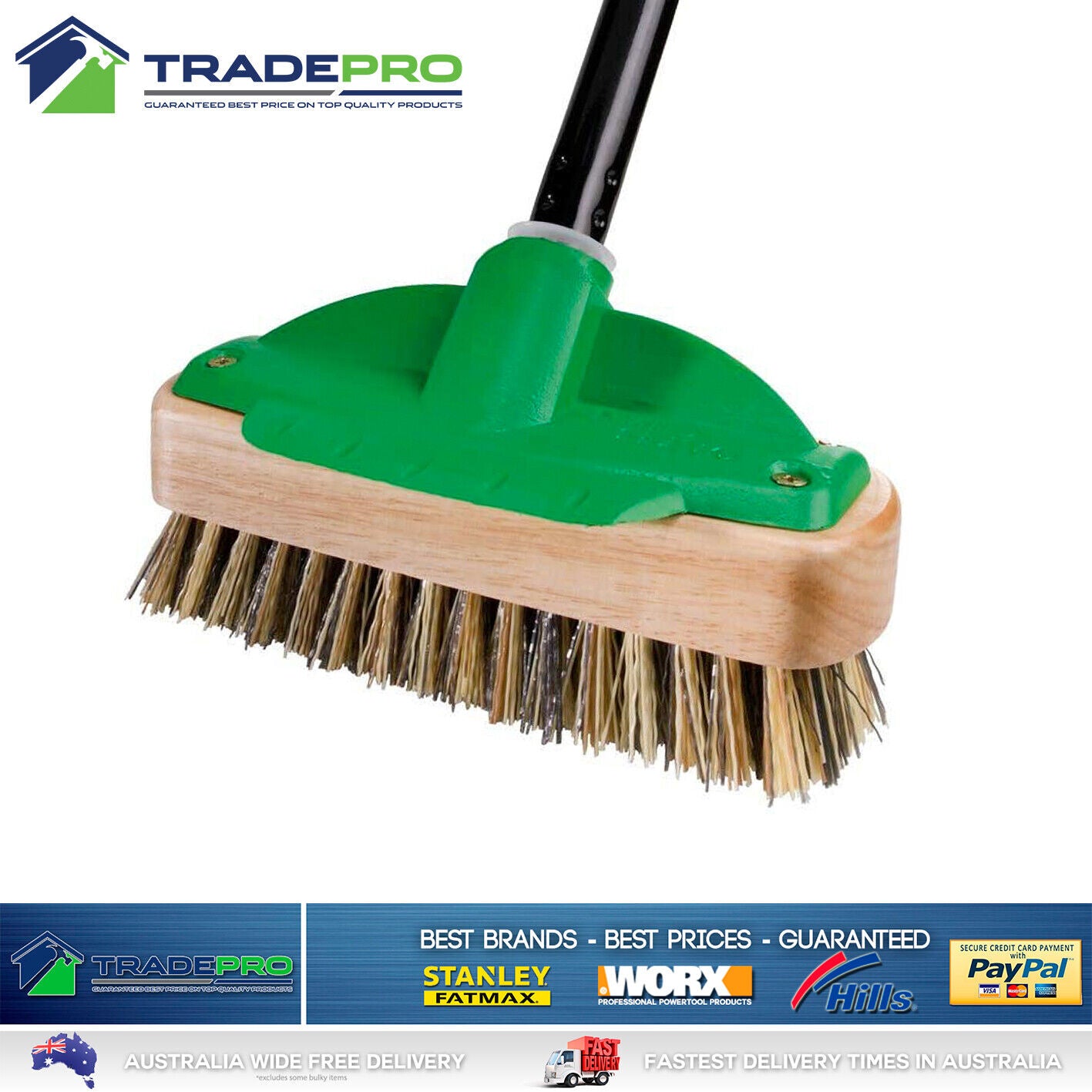 Oates Long Handle Deck Scrub Broom Brush Short Stiff Durable Synthetic Bristles