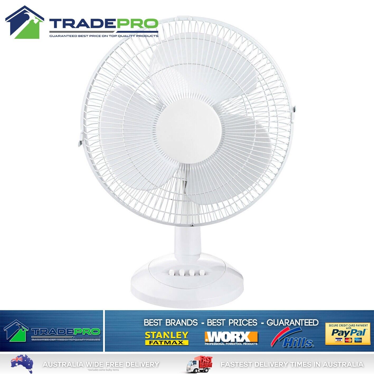 Desk Fan 30cm White 3 Speed Oscillation Floor Air Circulator Cooler PRO