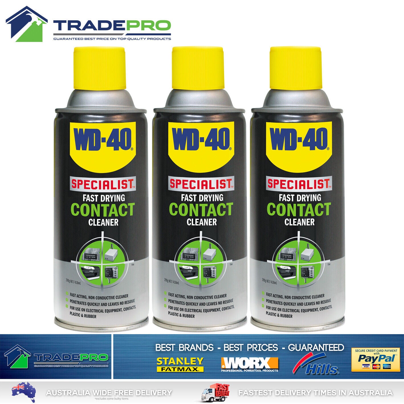 3x WD40 Fast Drying Contact Cleaner 290g Electrical Plastic Rubber Aero WD-40