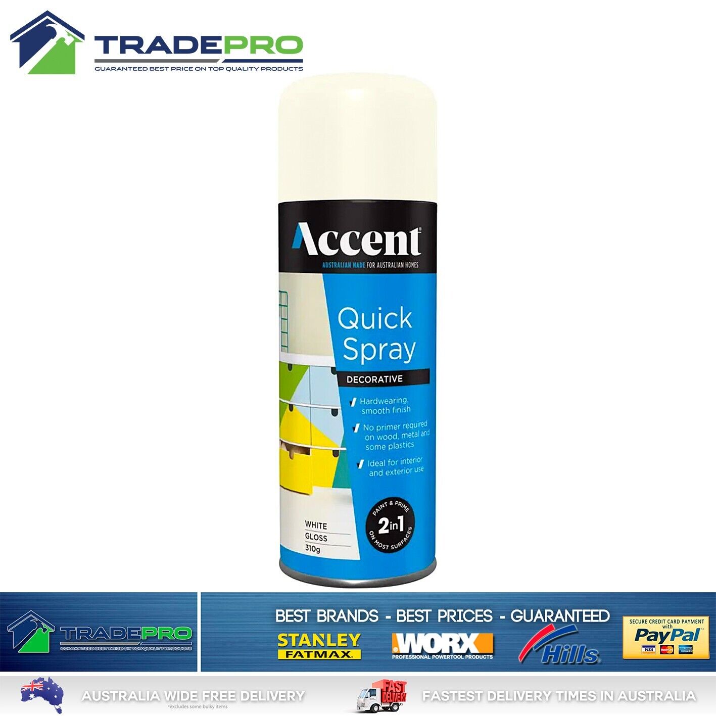 Spray Paint Can 310g Gloss White 2in1 PRO Enamel Wood Metal Plastic Int&Ext