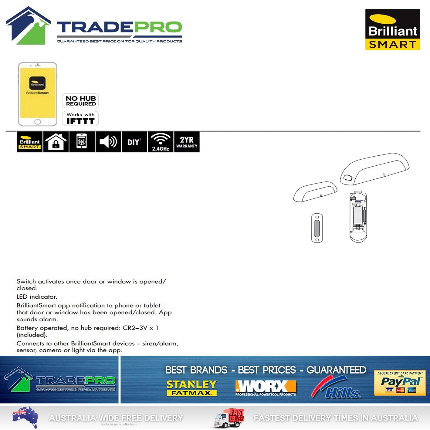 Brilliant Smart Wifi Reed Contact Sensor Switch Security Door Window Smarthome