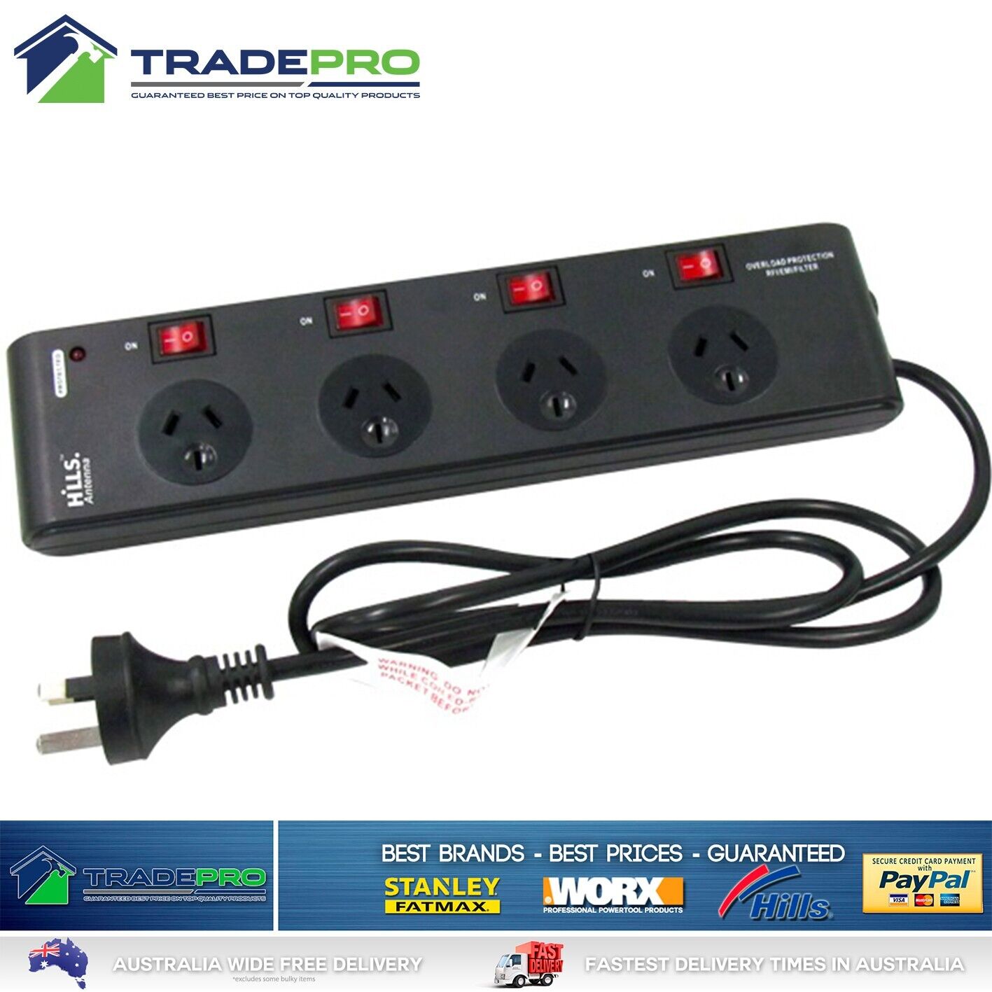 Power Board Surge Filter Protector 4Way Switched Outlet Black Powerboard