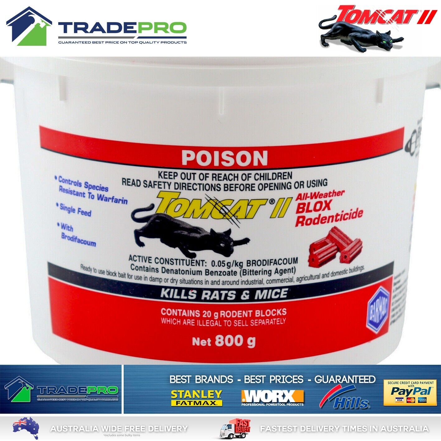 Tomcat II Ultra Fast Blox 800g Red Rat Bait Mouse Trap Poison Rodent Killer