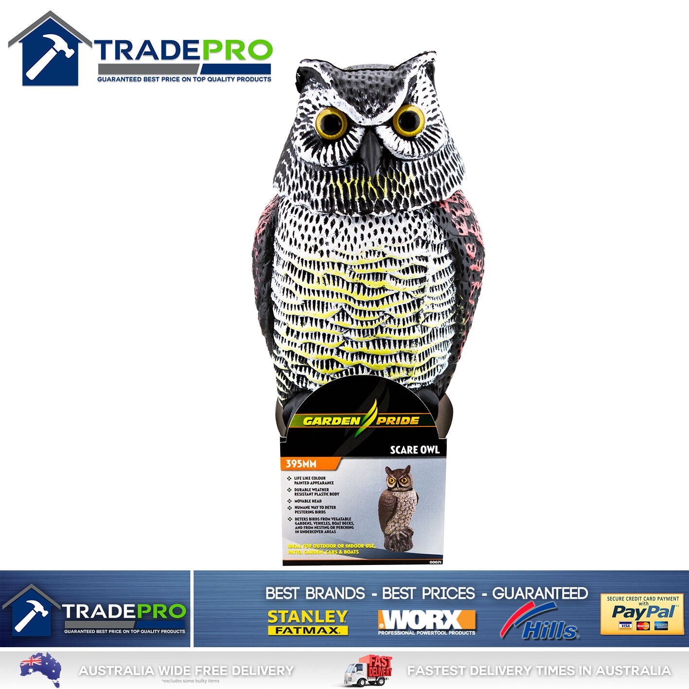 Scare Owl Rotating Head Large 40cm REALISTIC Possum Rodent Bird Pest Deterrent