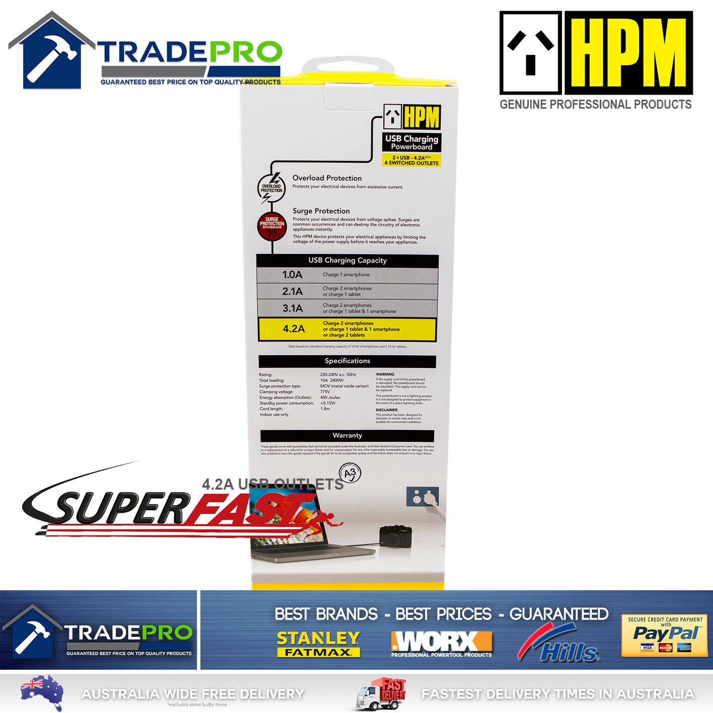 Power Board Surge Protector HPM® Smart Fast USBs & 4 Outlet Individual Switched