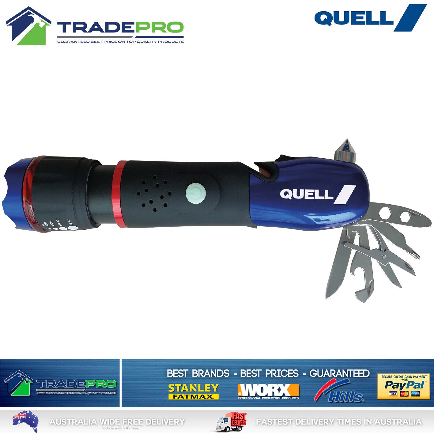 Quell Flashlight Emergency Torch Survival Knife Cutter & Breaker Multi Tool LED
