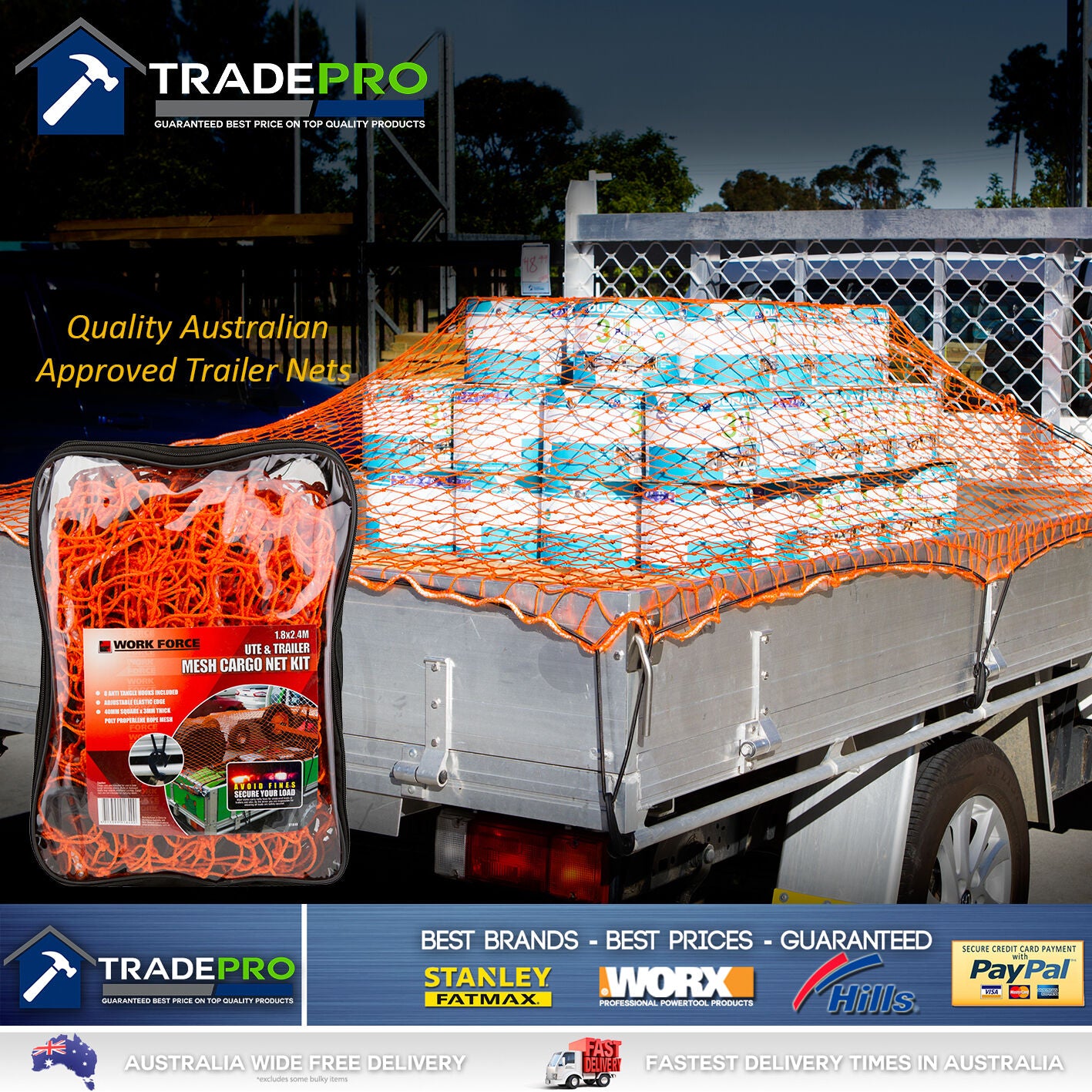 Cargo Net Ute Trailer Heavy Duty 1.8x2.4m Aust Legal with Bungee Cord 40x40 Mesh