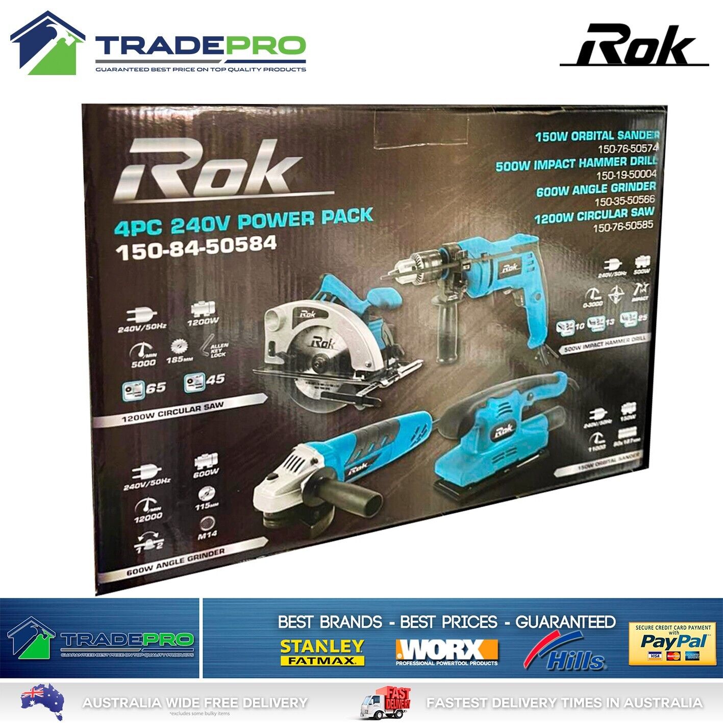 Rok Combo Kit Angle Grinder Circular Saw Electric Drill Sander Set 240V Tool