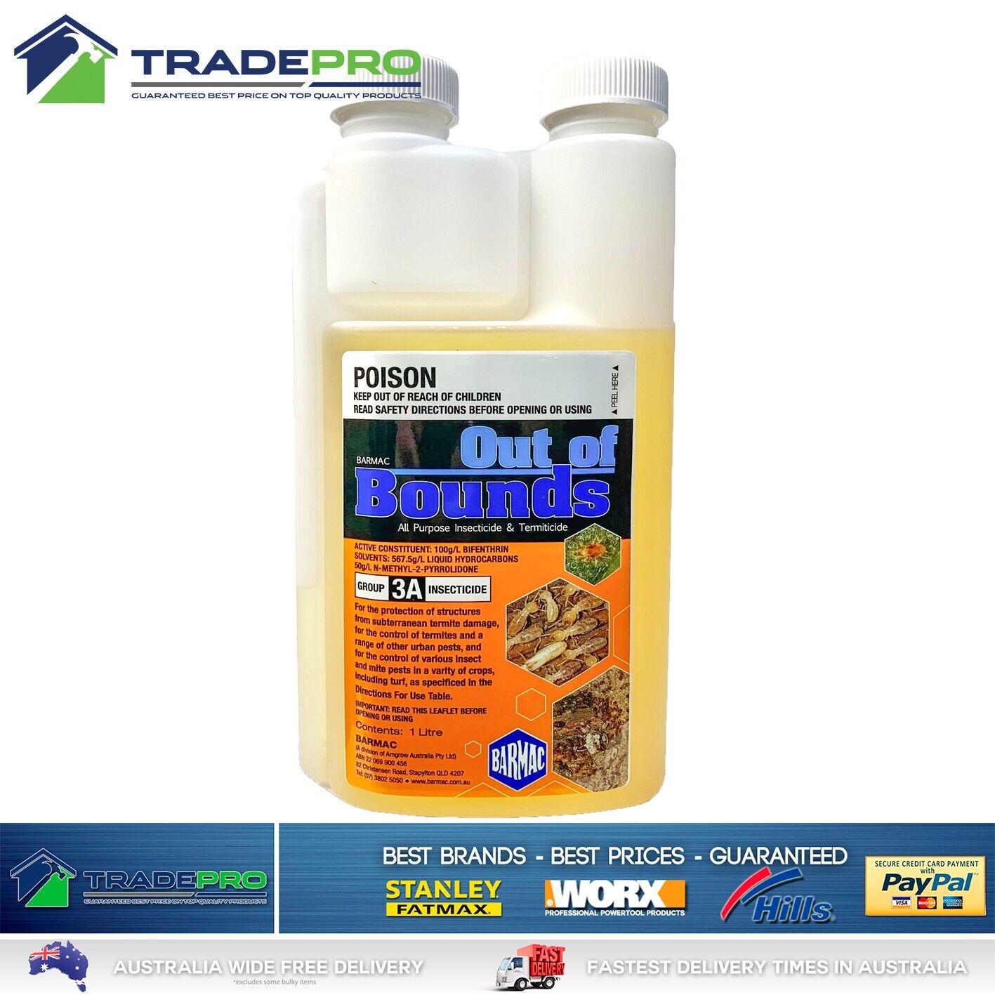 Termite Ant Cockroach Spray 1L Out of Bounds Bifenthrin 100gm/L Pest Killer