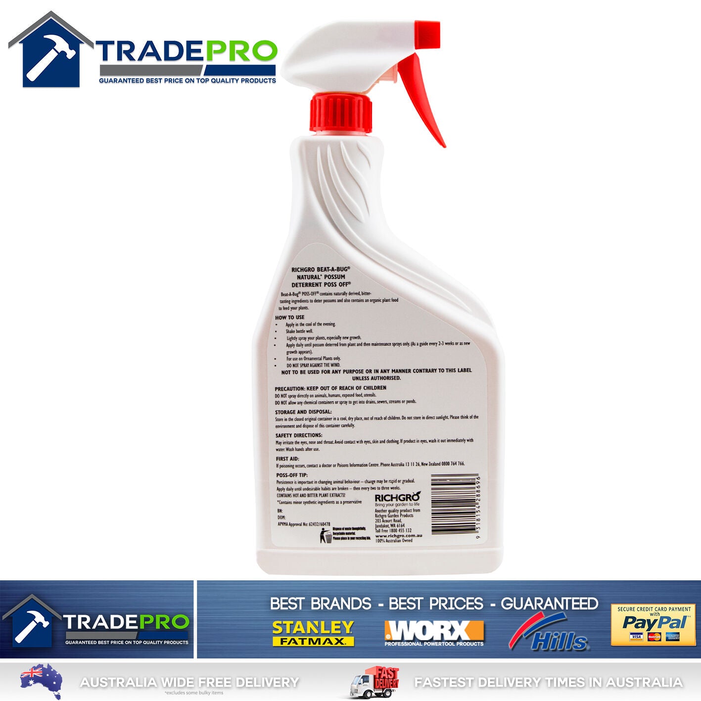 Poss Off® 1Ltr Possum Deterrent Rabbit Animal Repellent Pet Safe Spray 1 Litre