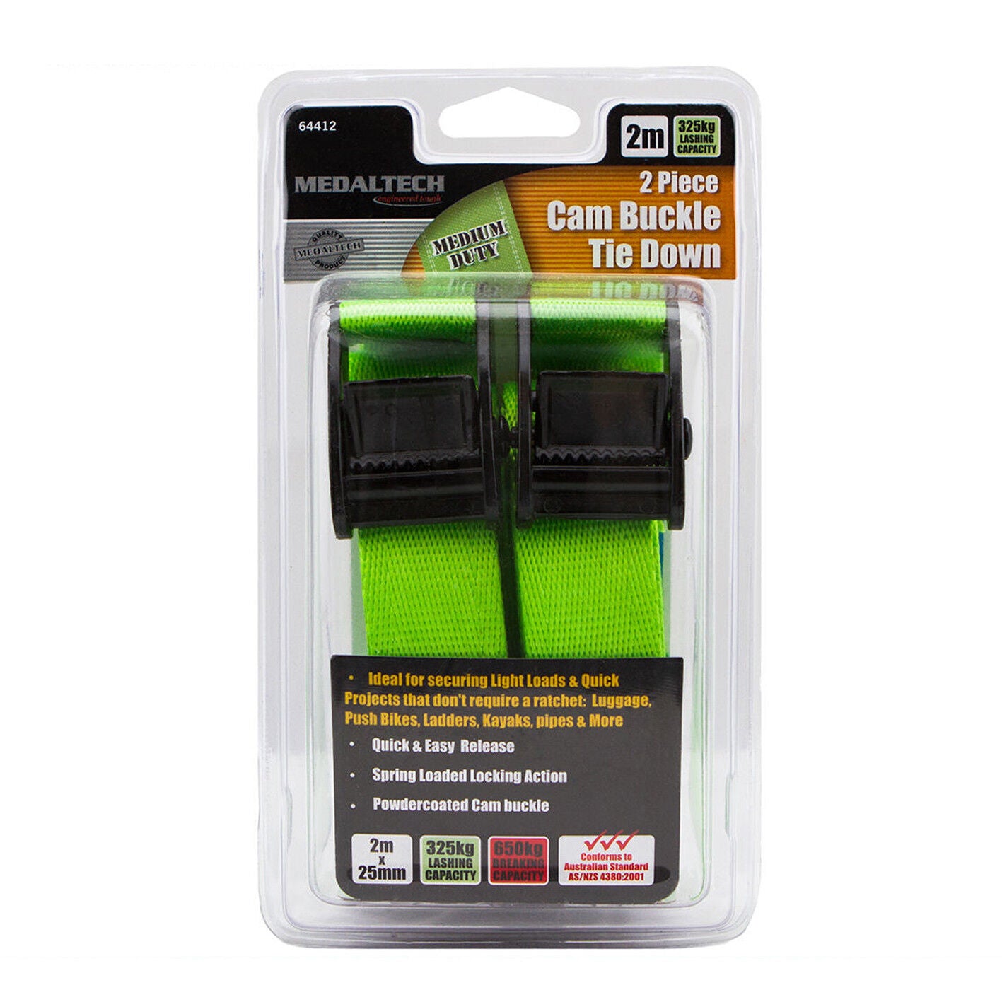 Tie Down Cam Buckle 2Mtr 2PC Trade Quality 650kg Quick Release Heavy Cargo Strap