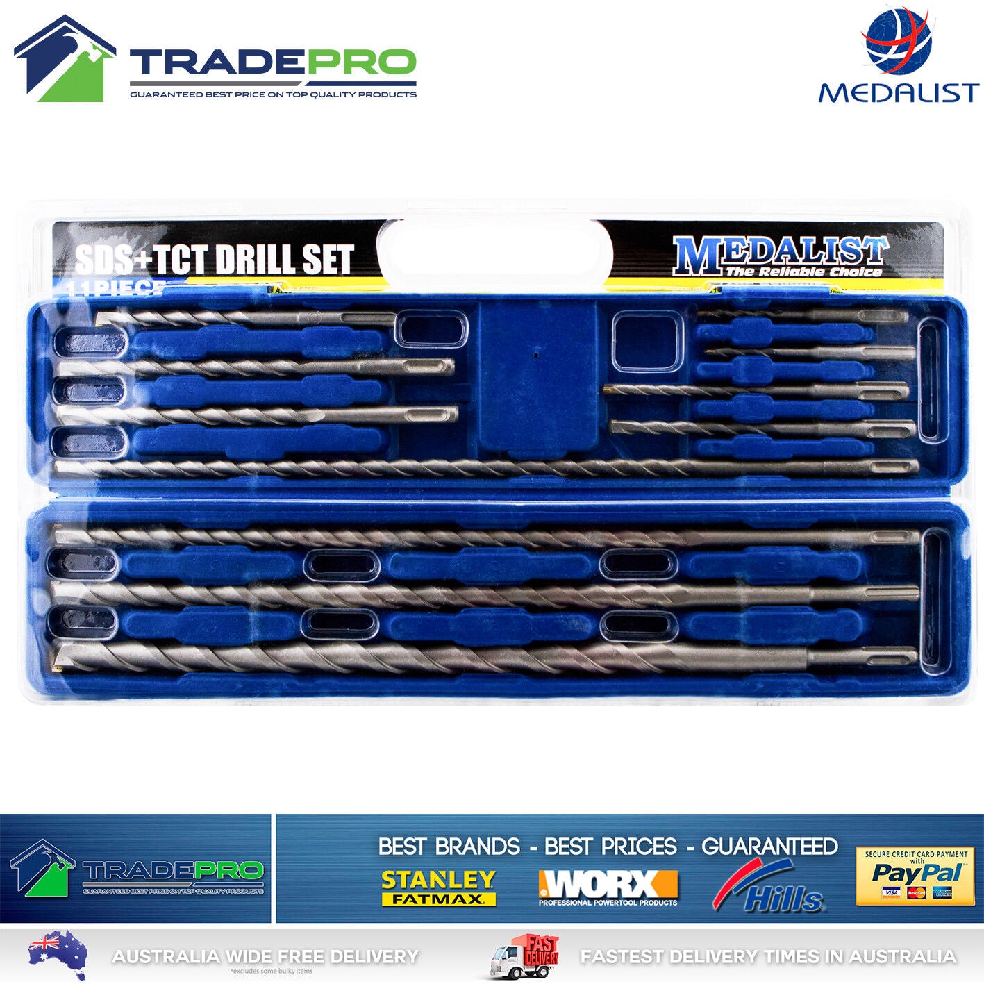11pc SDS Drill Bit Set Masonry Hammer Rotary Tungsten Carbide Tip Kit with Case
