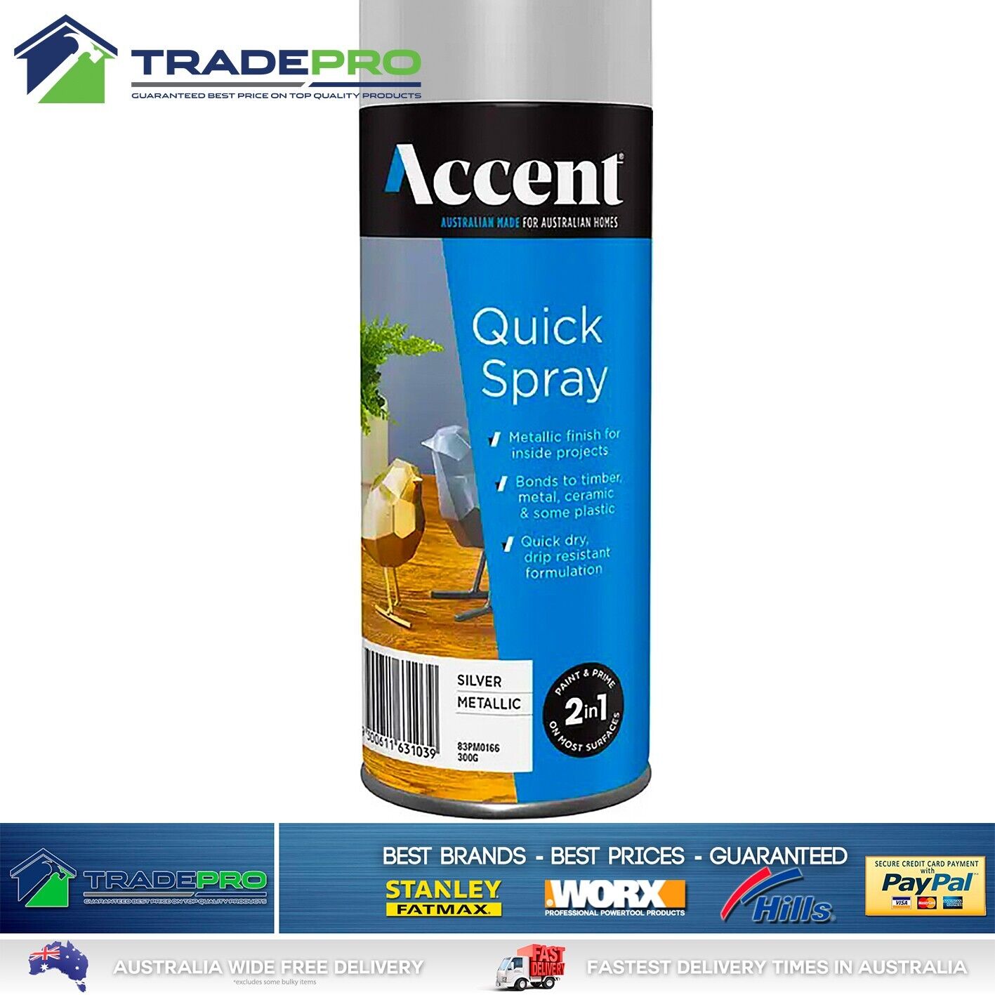 Spray Paint Can 300g Metallic Silver 2in1 Gloss Enamel Wood Metal Plastic Int&Ex