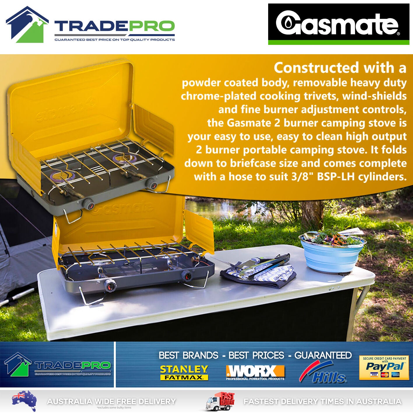 Gas Stove Gasmate® Turbo 2 Burner Camping Portable Cooker BBQ & Gas Hose CS1095