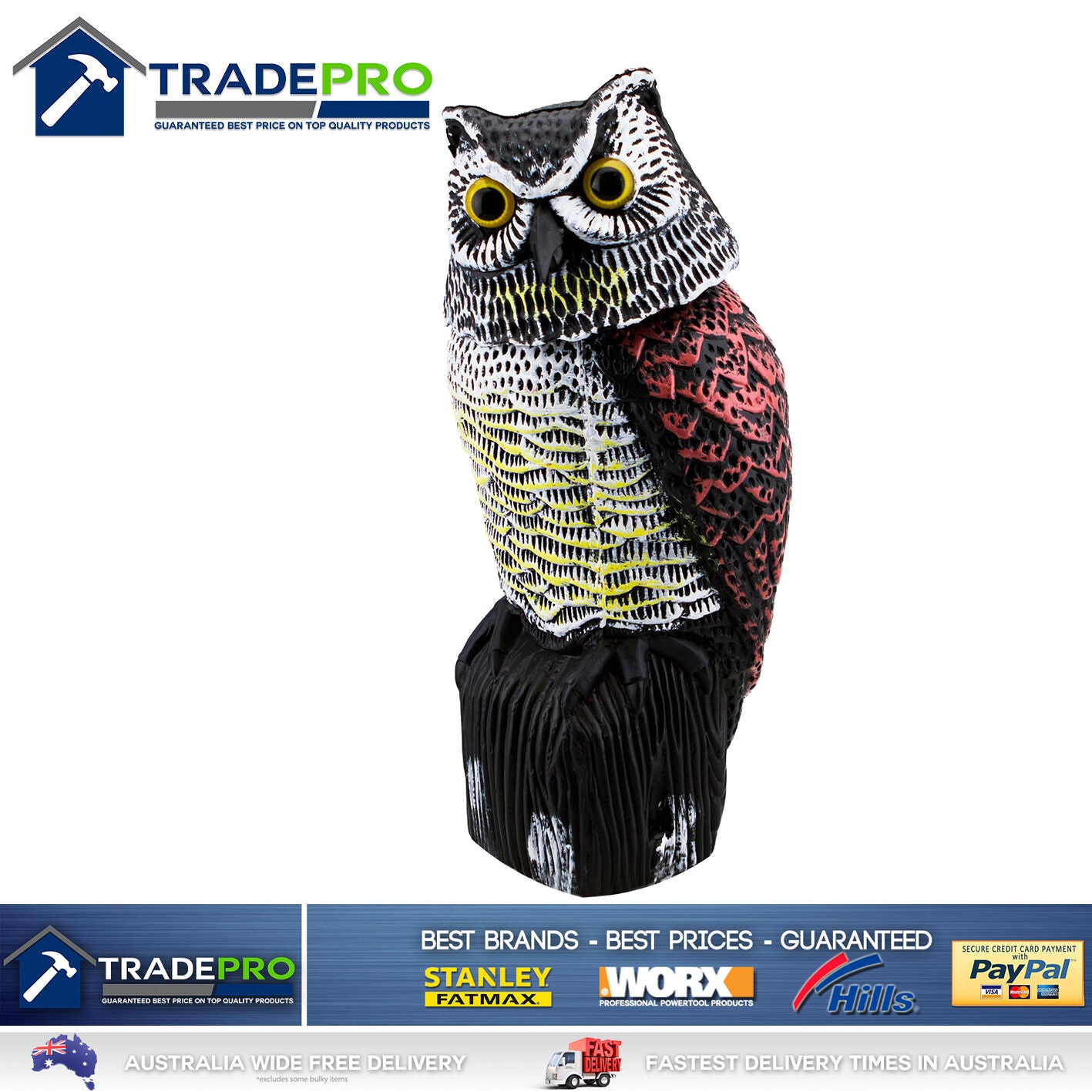 Scare Owl Rotating Head Large 40cm REALISTIC Possum Rodent Bird Pest Deterrent