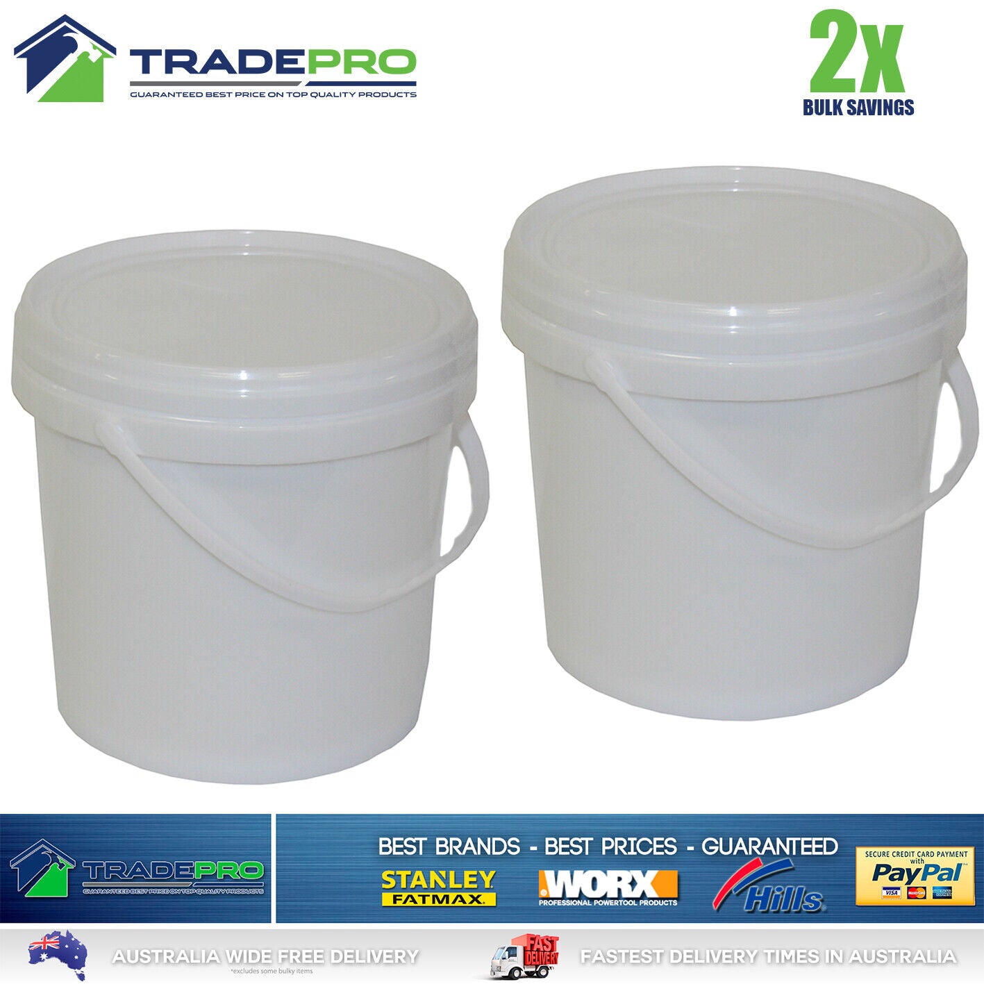 2x Quality Bucket with Lid & Handle 5Ltr H/Duty Premium Plastic Food Grade 5L