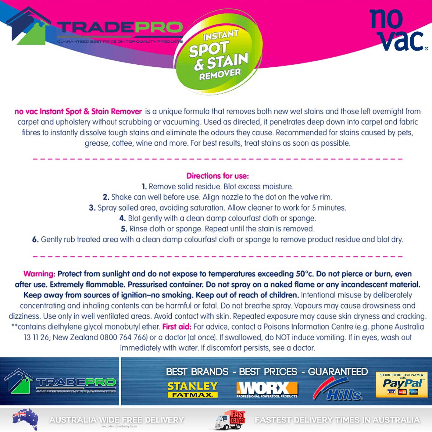 No Vac Carpet Spot Stain Spray Remover 500g Rug Mat Cleaner Pro Upholstery