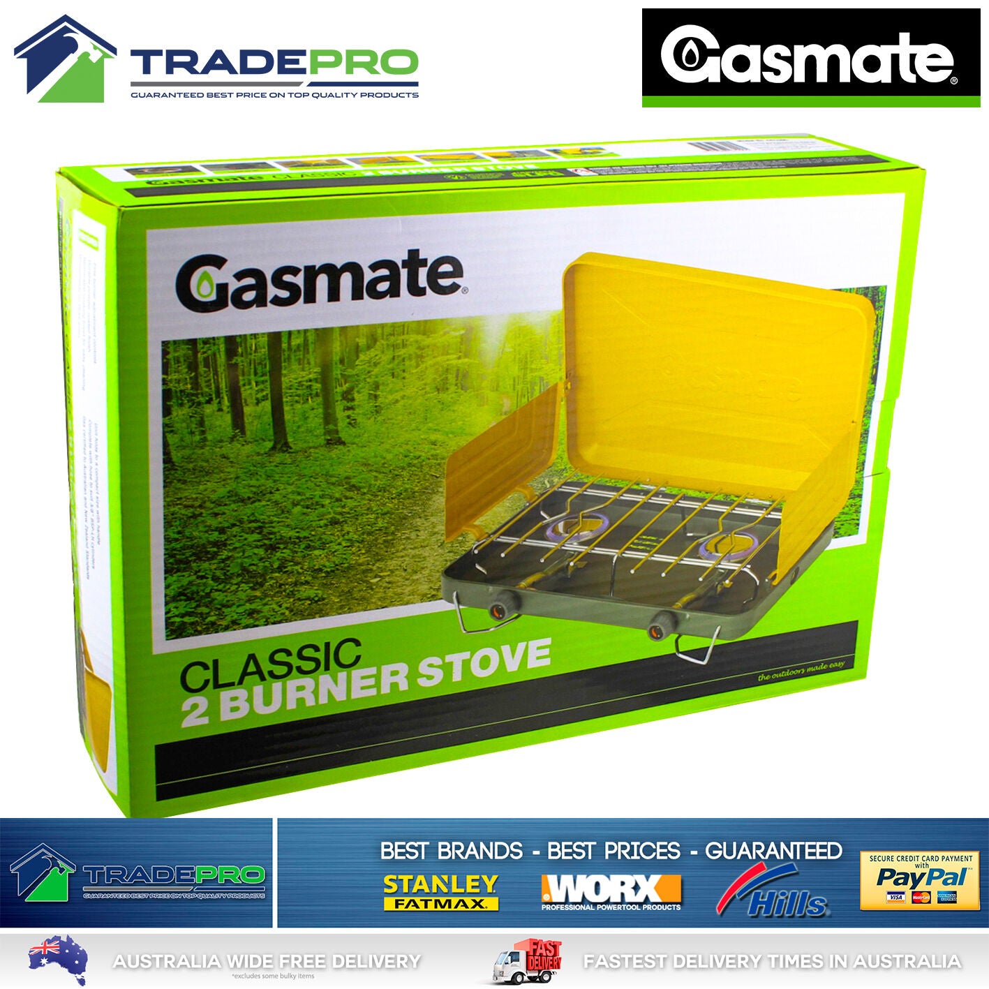 Gas Stove Gasmate® Turbo 2 Burner Camping Portable Cooker BBQ & Gas Hose CS1095