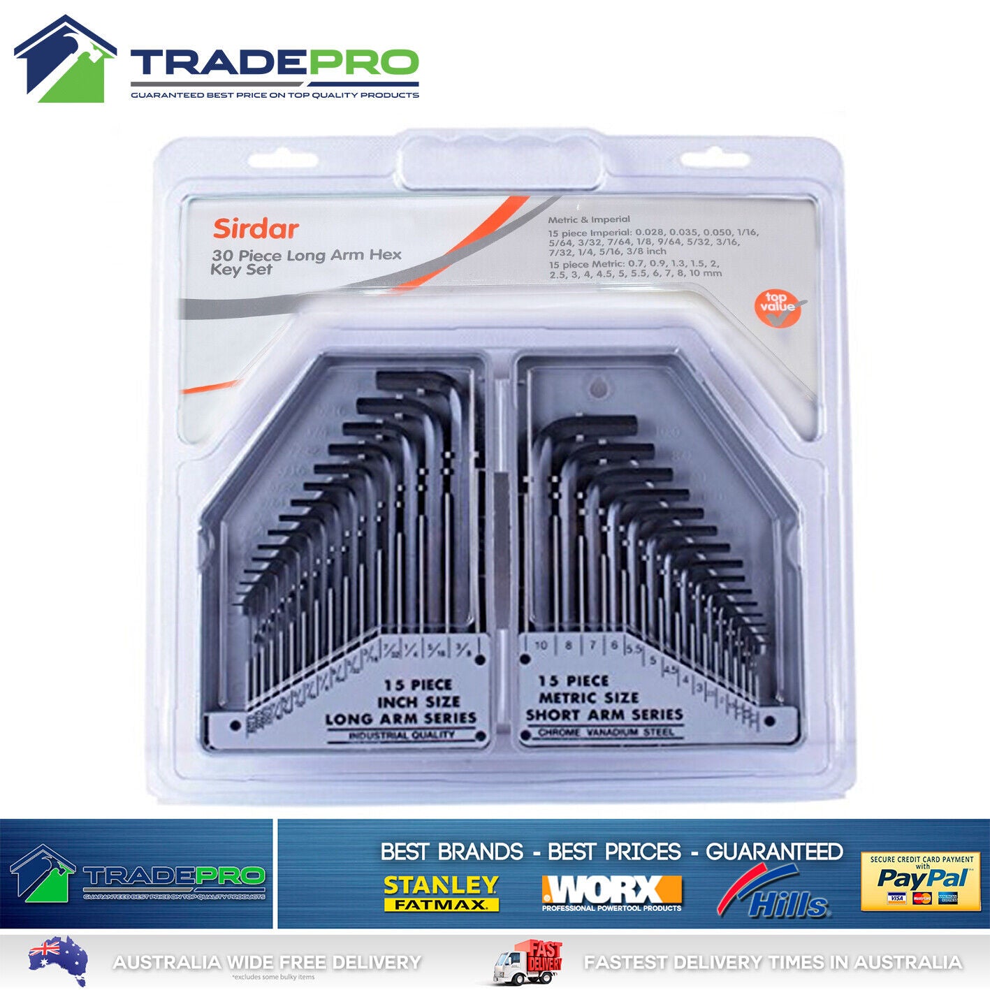 Sirdar 30 Piece Metric Imperial Long Arm Hex Key Set Allen Keys Short Series PRO